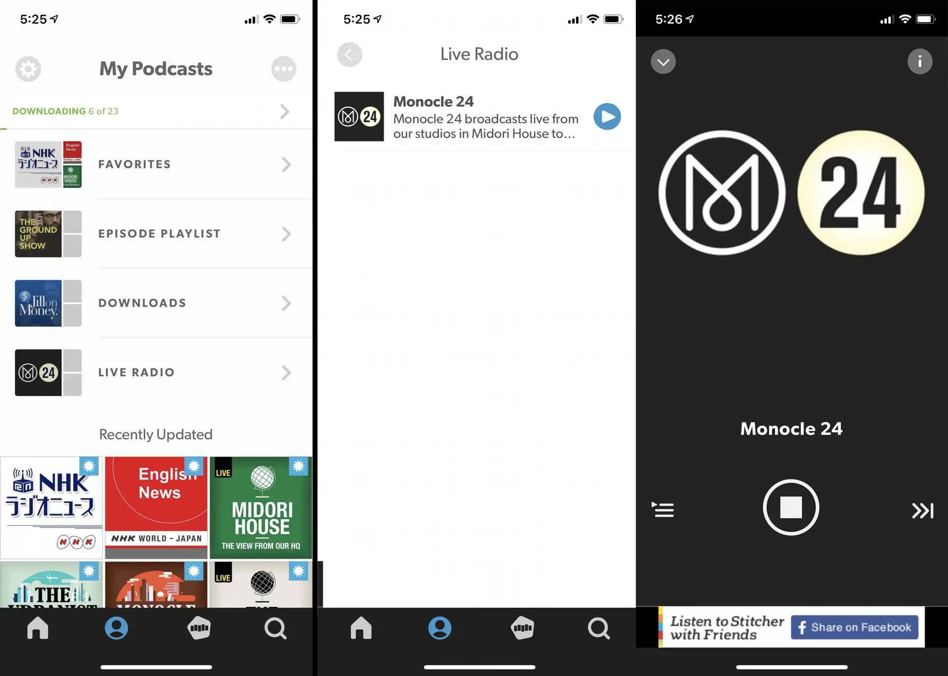A estação de rádio online Monocle 24 tocando no aplicativo iPhone Stitcher.
