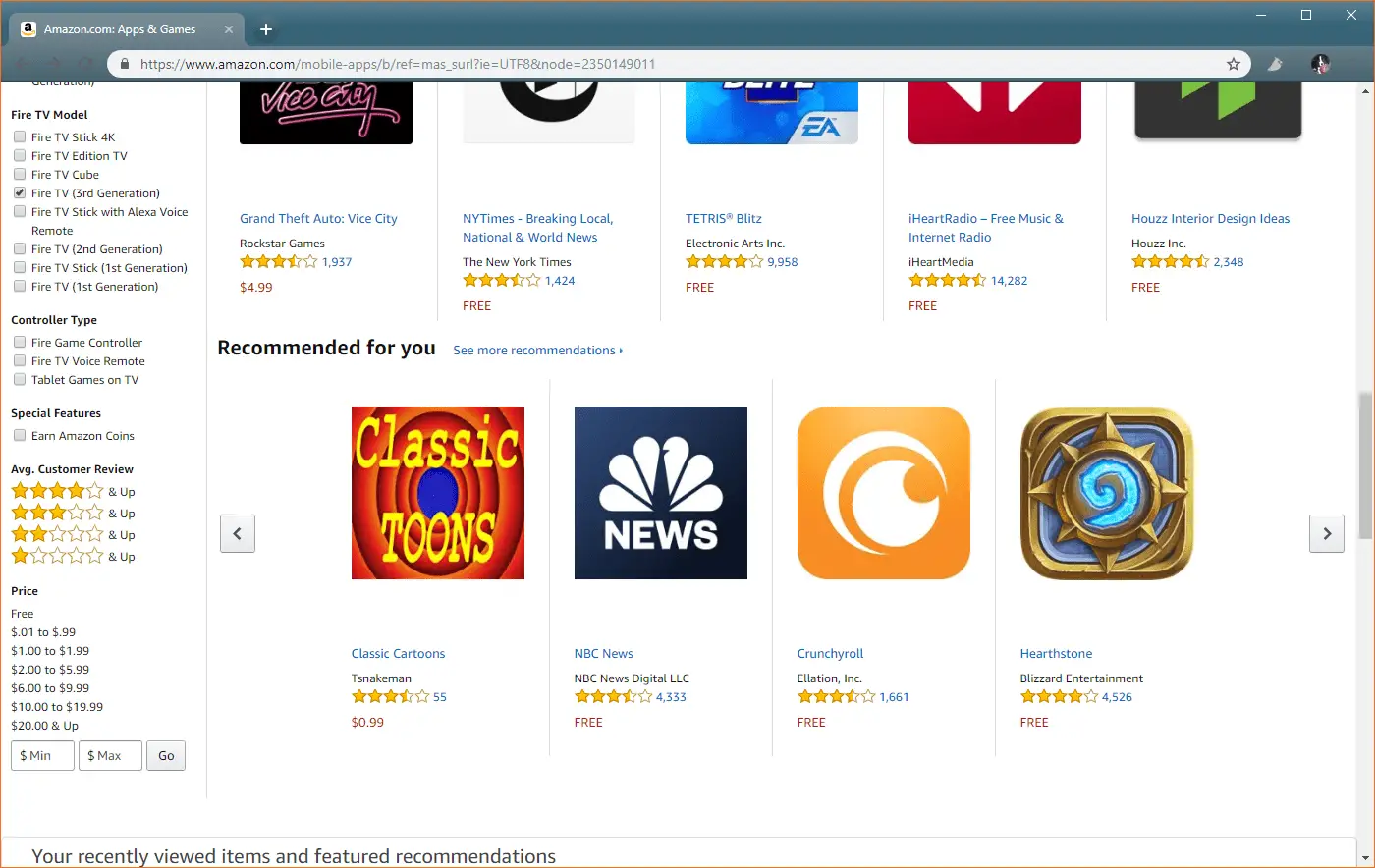 Uma captura de tela da loja de aplicativos da Amazon mostrando a opção de modelo Fire TV.