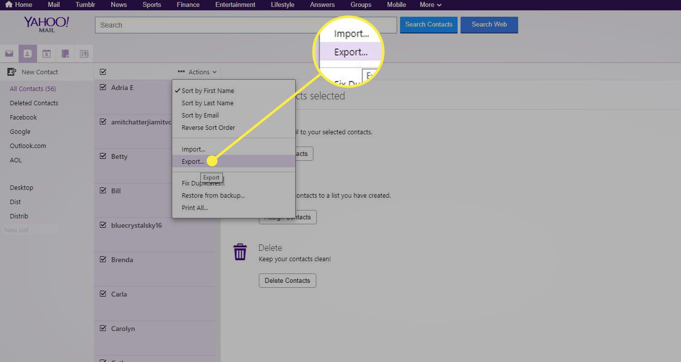 Uma captura de tela dos contatos do Yahoo Mail com o comando Exportar destacado