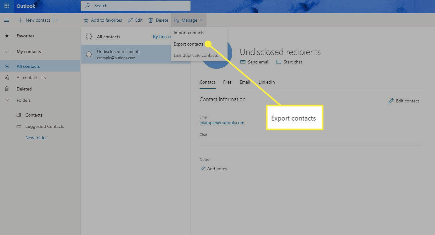 Uma captura de tela da página Pessoas do Outlook com o comando Exportar contatos destacado