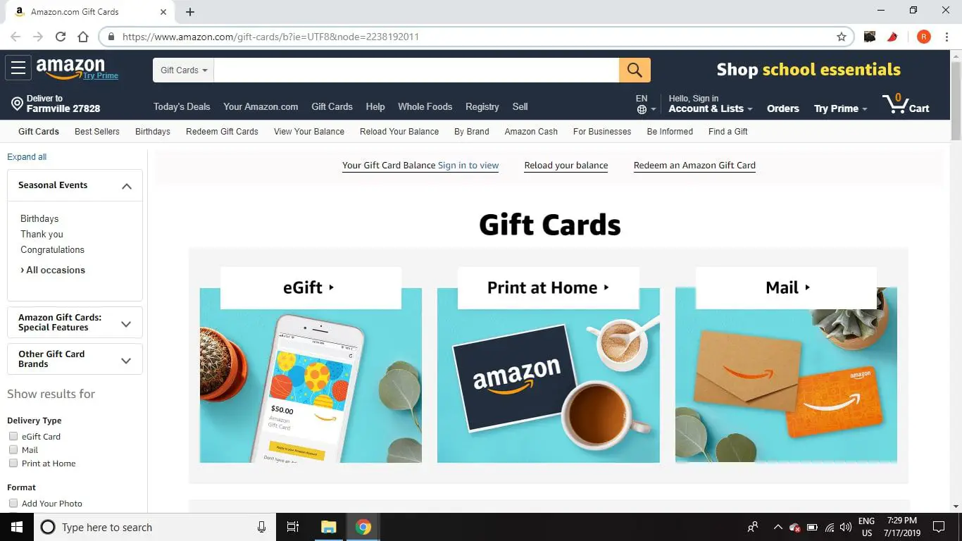 Acesse https://www.amazon.com/gift-cards/ e selecione o tipo de cartão-presente que deseja comprar