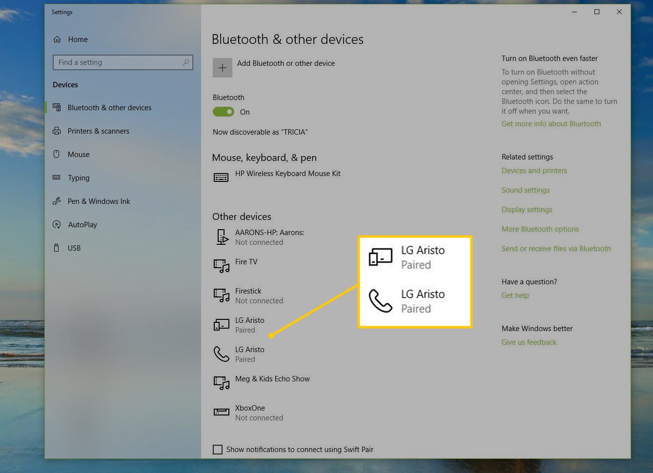 Dispositivos Bluetooth nas configurações do Windows 10