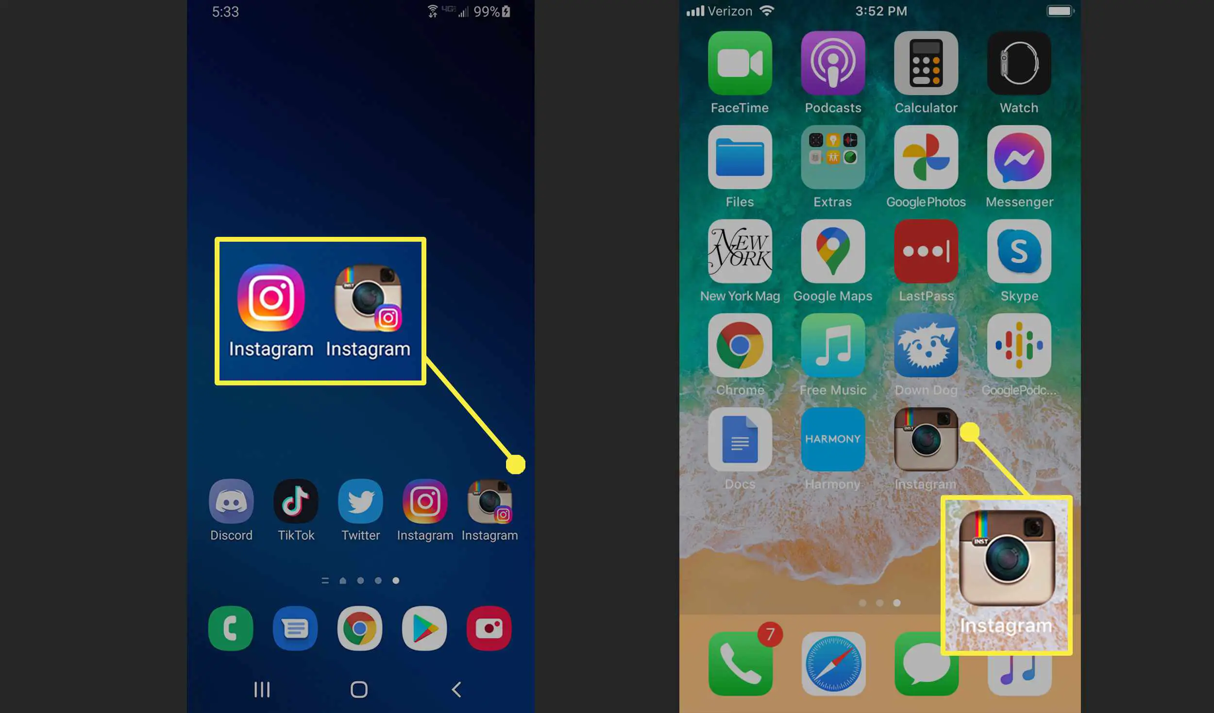 Telas iniciais do Android e do iPhone com o ícone do app Instagram retrocesso