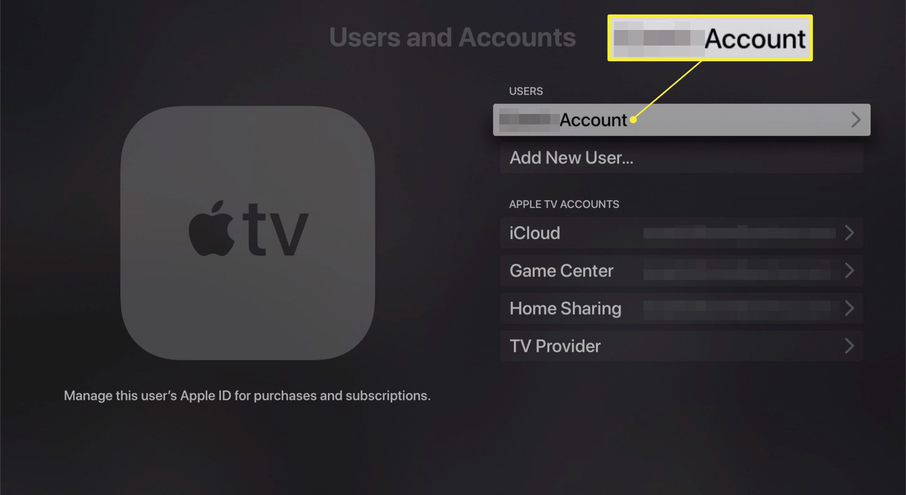 Tela de usuários e contas da Apple TV
