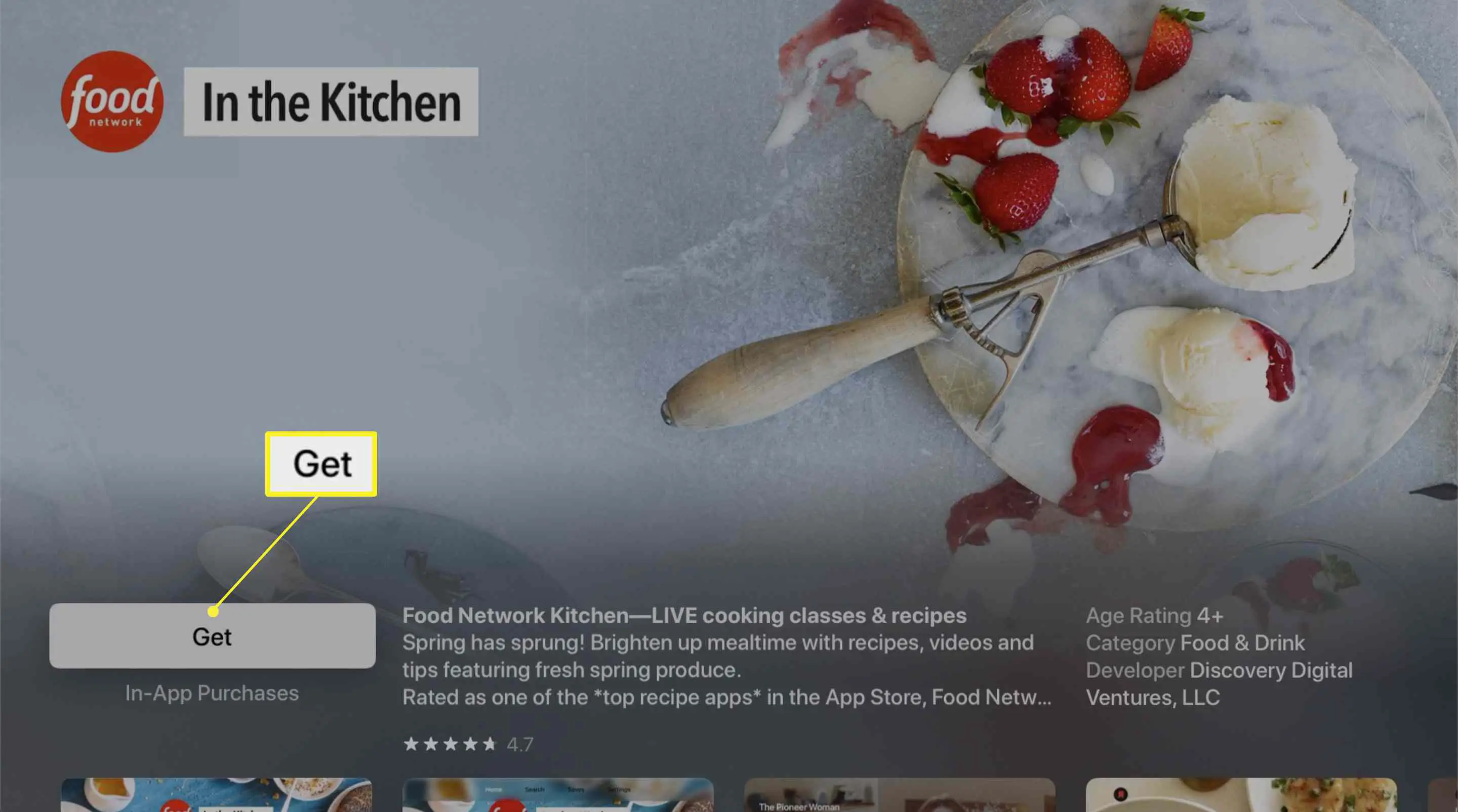 A tela de informações do aplicativo Food Network para Apple TV