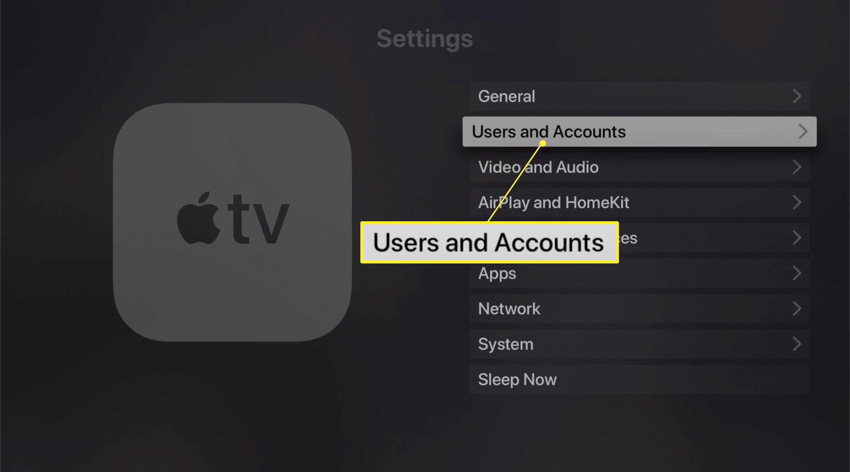 Configurações da Apple TV mostrando a opção Usuários e contas