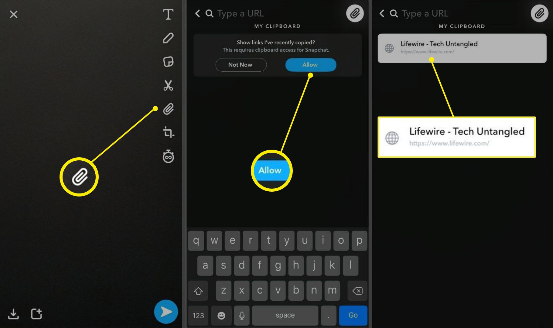 Três capturas de tela do aplicativo Snapchat para iOS.