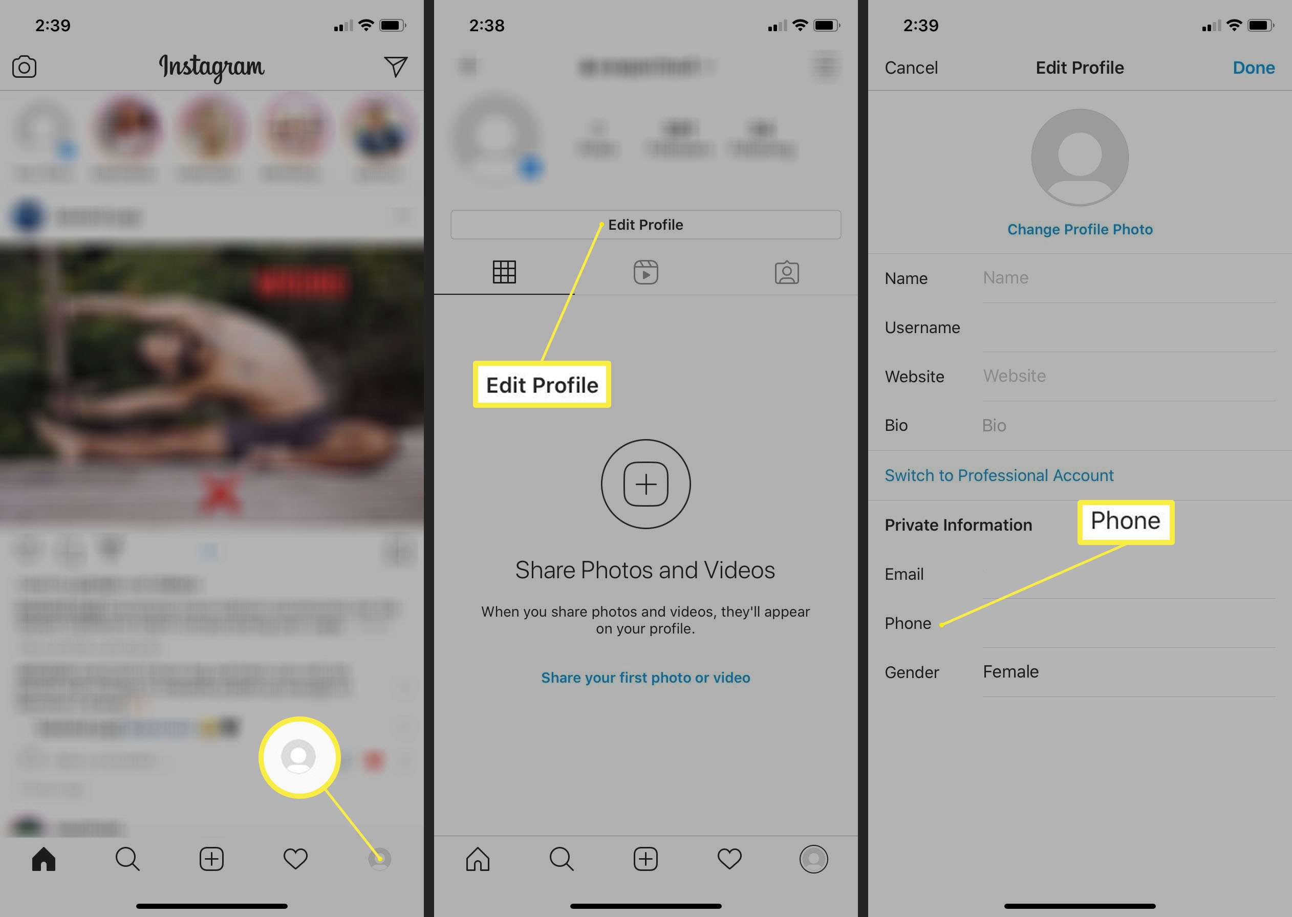 Os passos a seguir no aplicativo Instagram para editar o seu número de telefone.