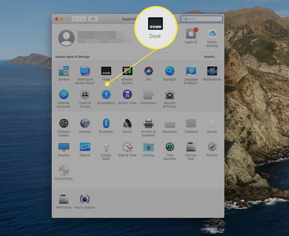Preferências do sistema Mac com o ícone Dock destacado