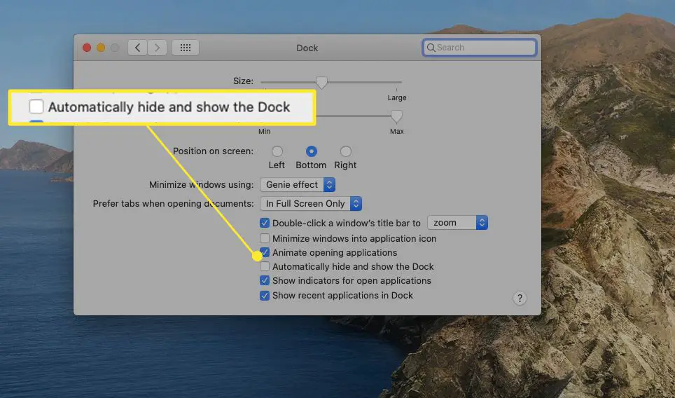 Preferências de dock em um Mac com "Ocultar e mostrar automaticamente o Dock" realçado