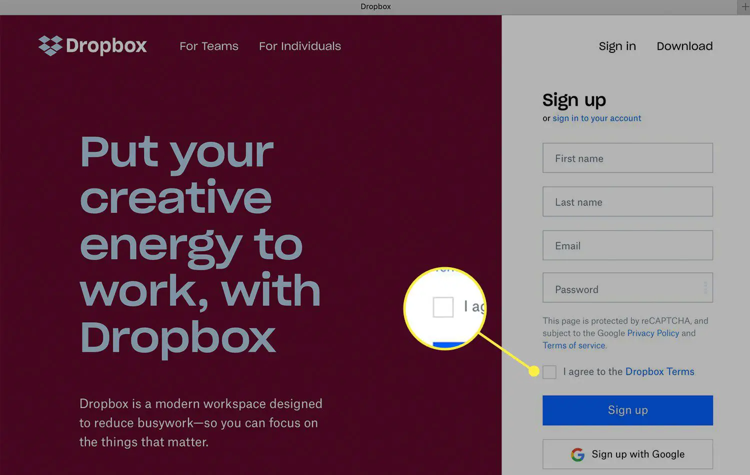 Uma captura de tela do Dropbox com a caixa do contrato de termos destacada