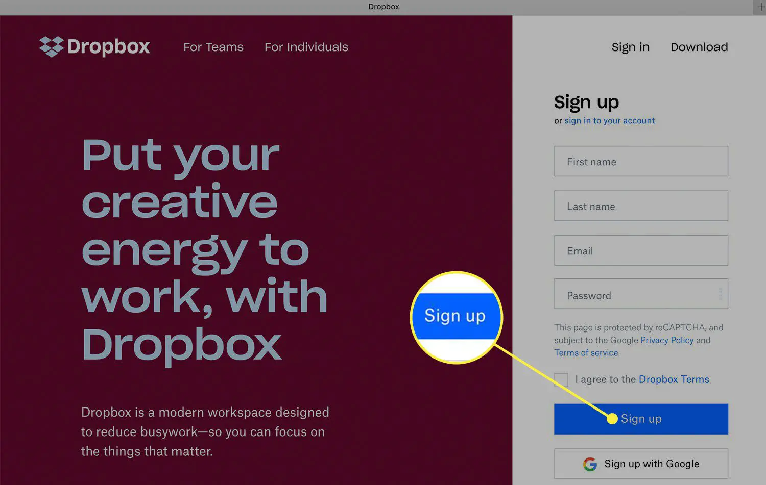 Uma captura de tela da tela de inscrição do Dropbox com o botão Inscrever-se destacado