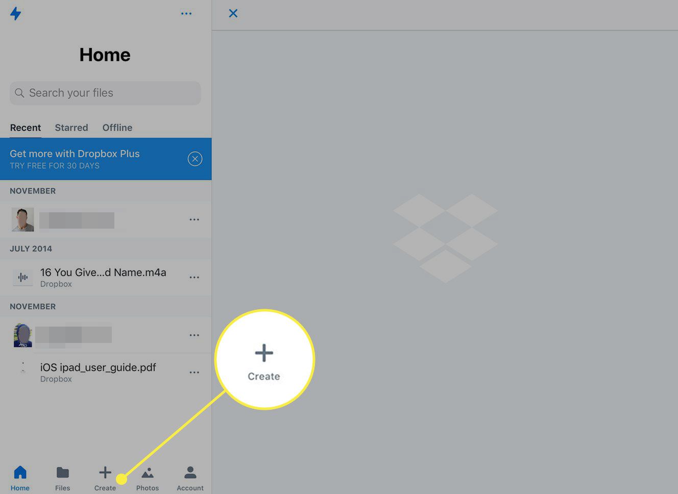 Uma captura de tela do aplicativo Dropbox com o botão Criar destacado