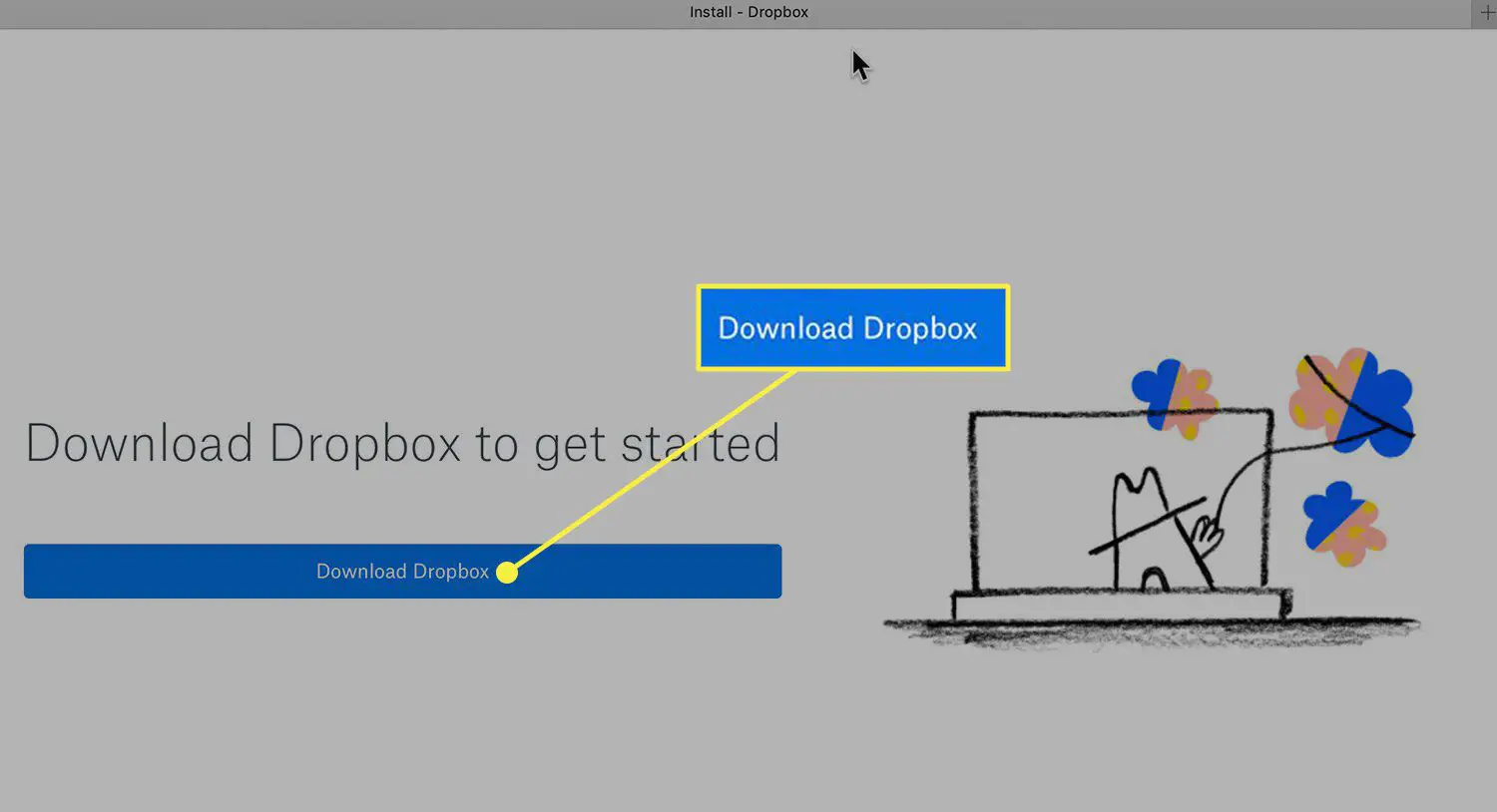 Uma captura de tela da tela de instalação do Dropbox com o botão Baixar Dropbox em destaque