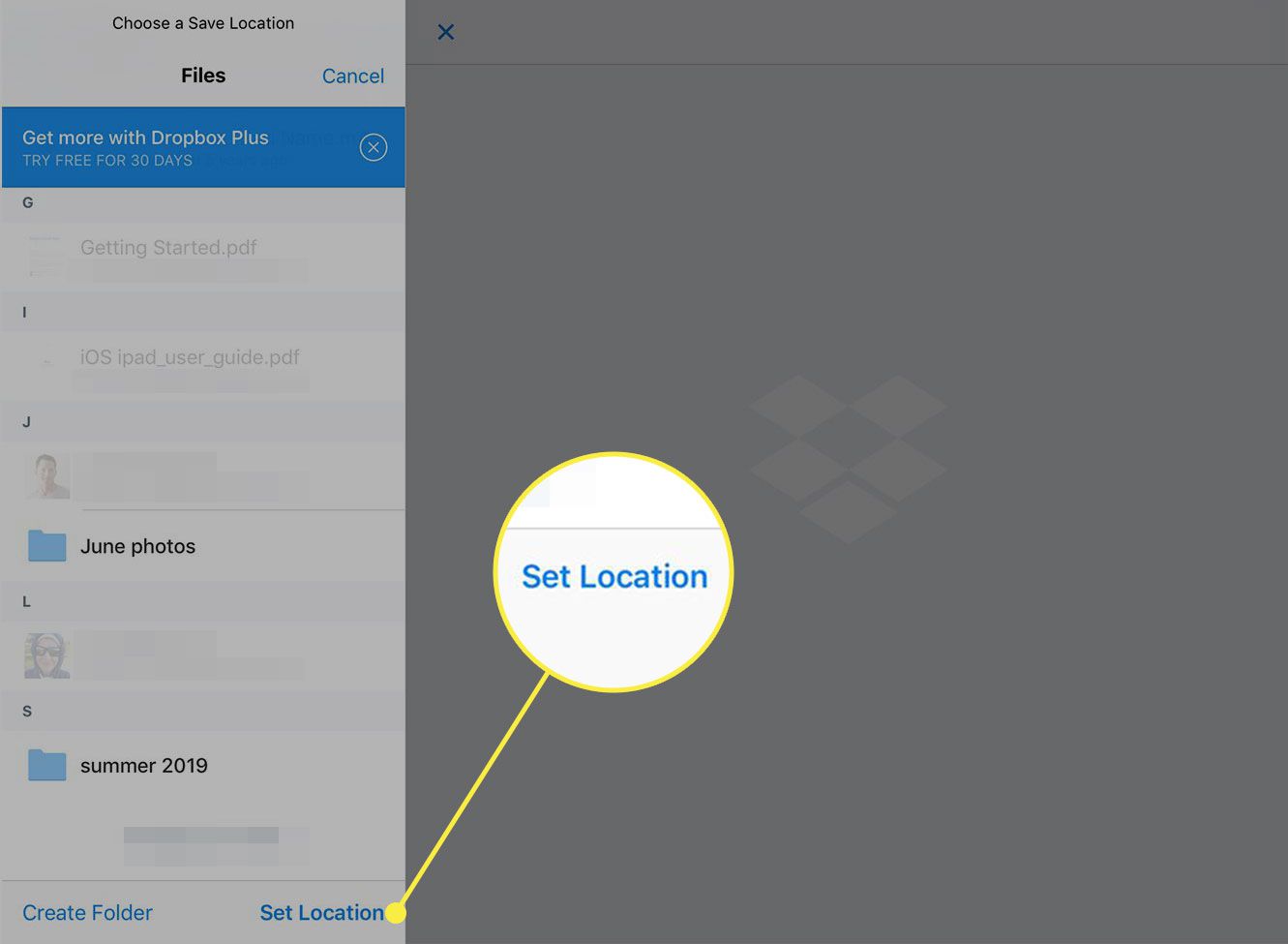 Uma captura de tela do aplicativo Dropbox com o botão Definir local destacado