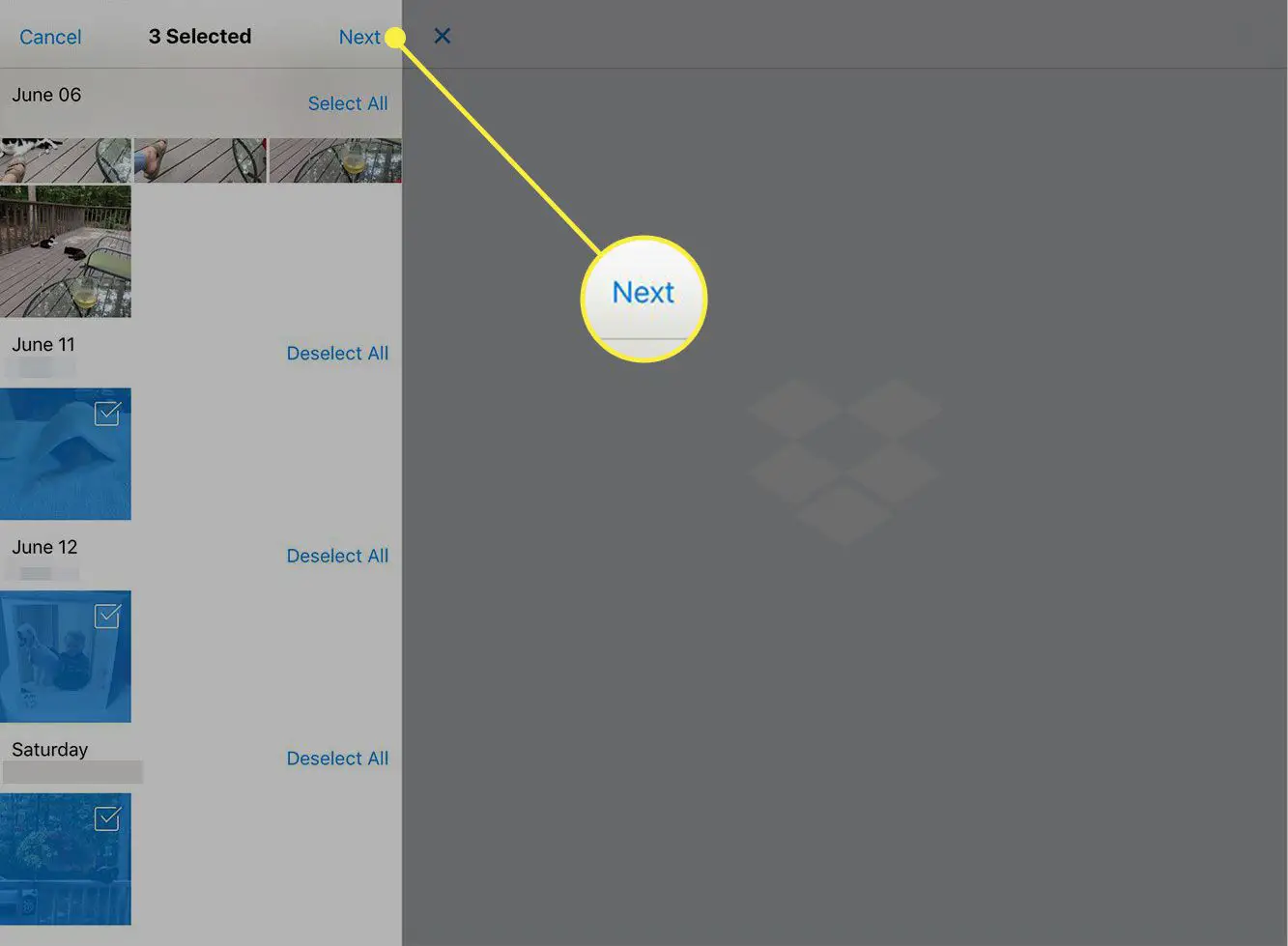 Uma captura de tela do aplicativo Dropbox com o botão Avançar destacado