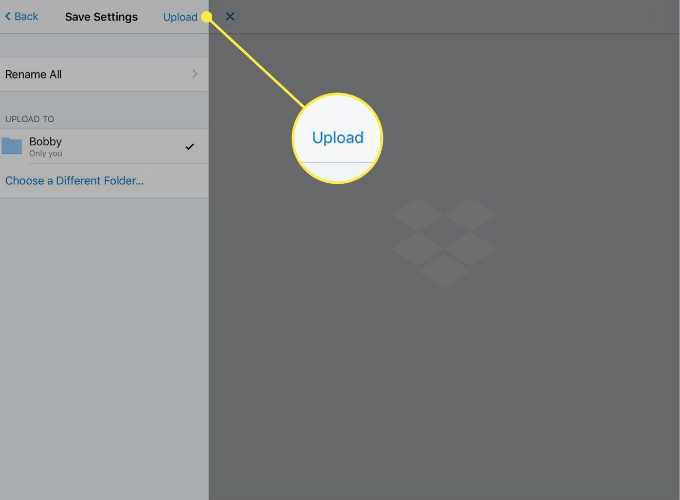 Uma captura de tela do aplicativo Dropbox com o botão Upload destacado