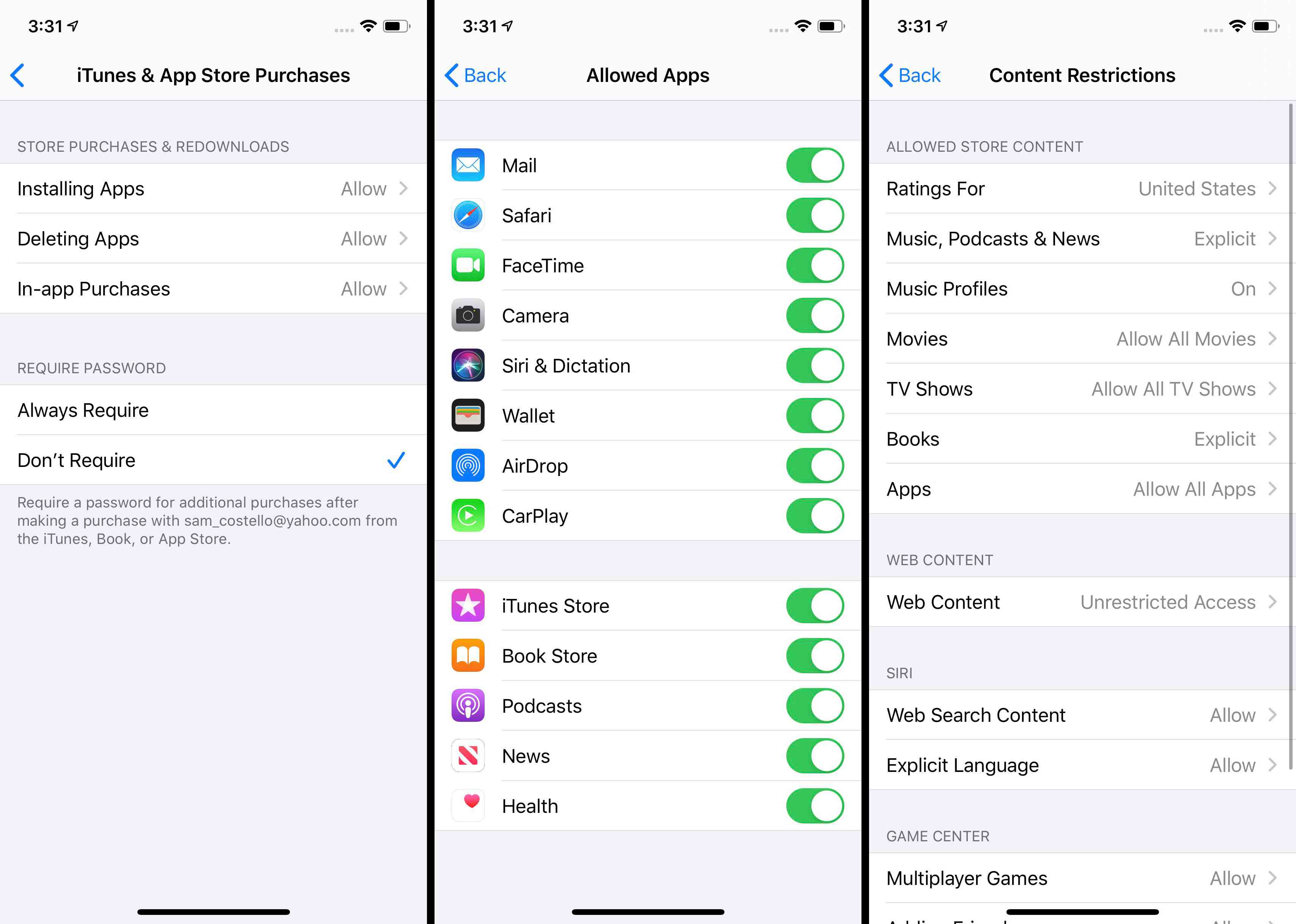 Capturas de tela mostrando permissões de compra, aplicativos permitidos e restrições de conteúdo no iOS.