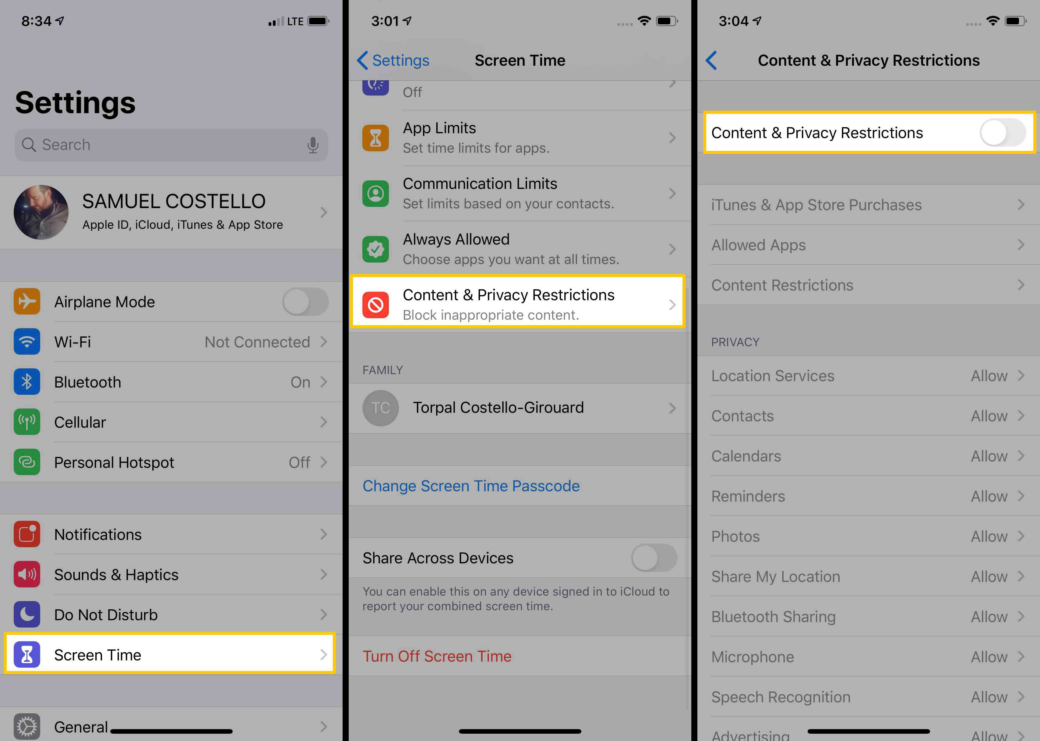Capturas de tela mostrando como ativar as restrições de conteúdo e privacidade no iOS.