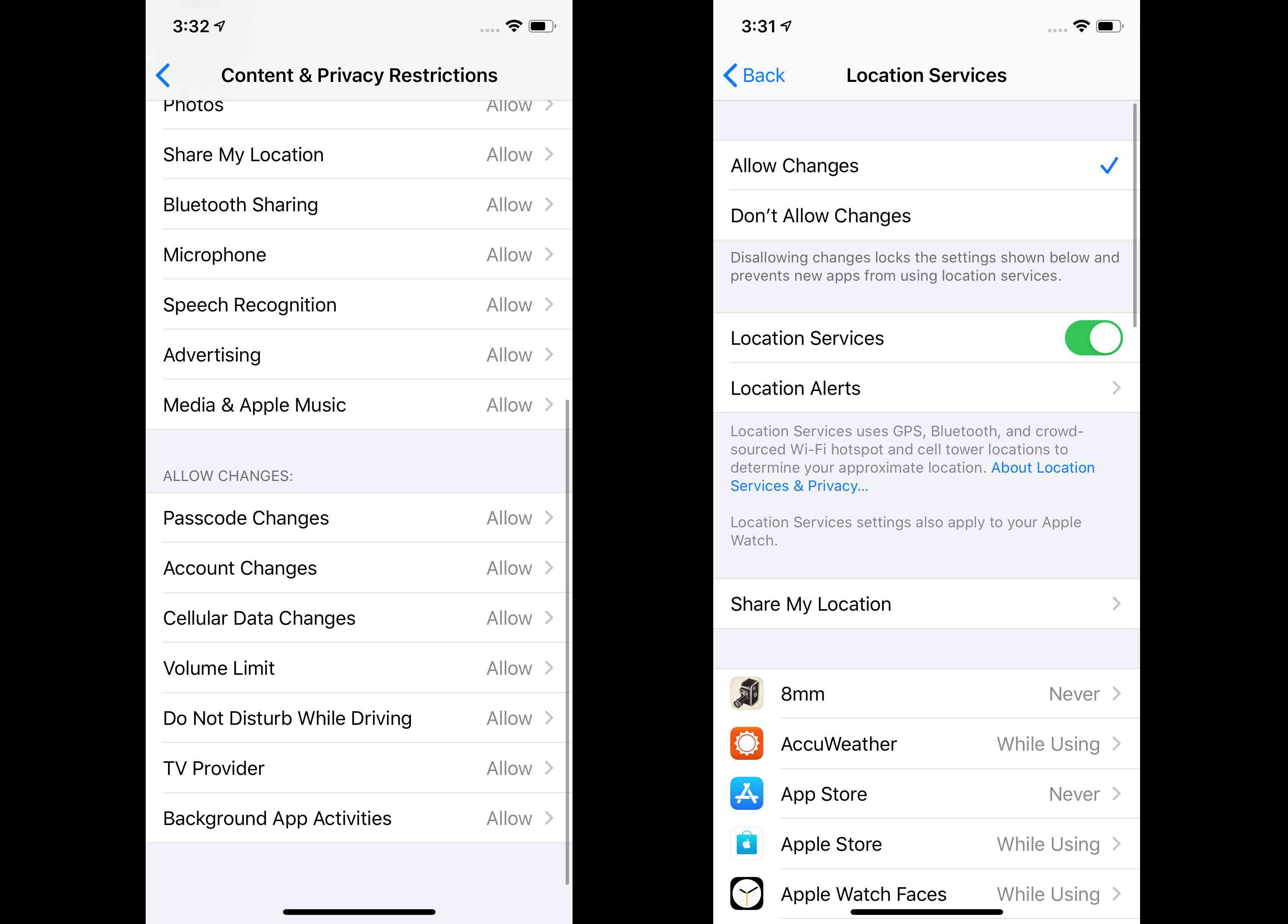 Capturas de tela de conteúdo adicional e permissões de atividade no iOS.