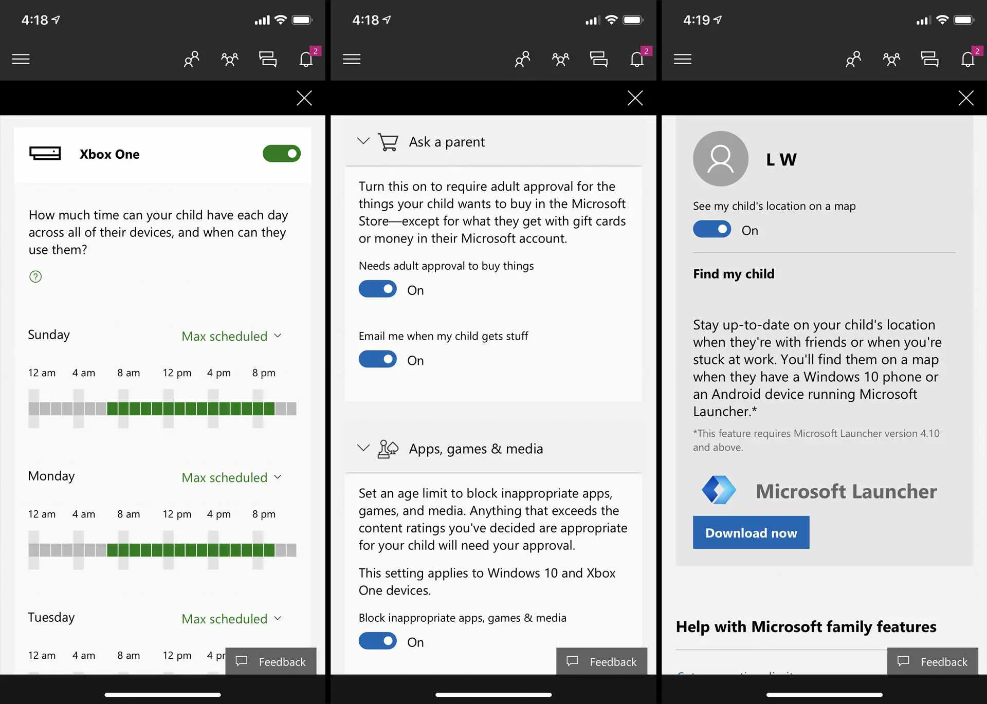 Configurações da Microsoft e da família Xbox no aplicativo Xbox iOS.