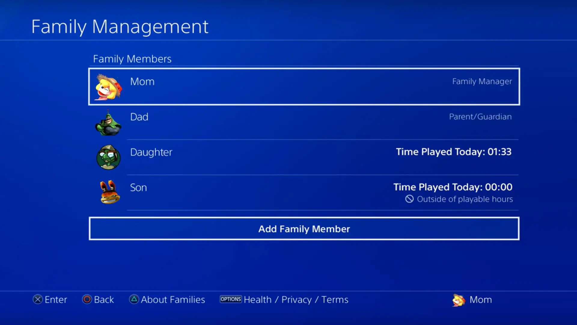 Família da Sony PlayStation 4 nas configurações PSN.