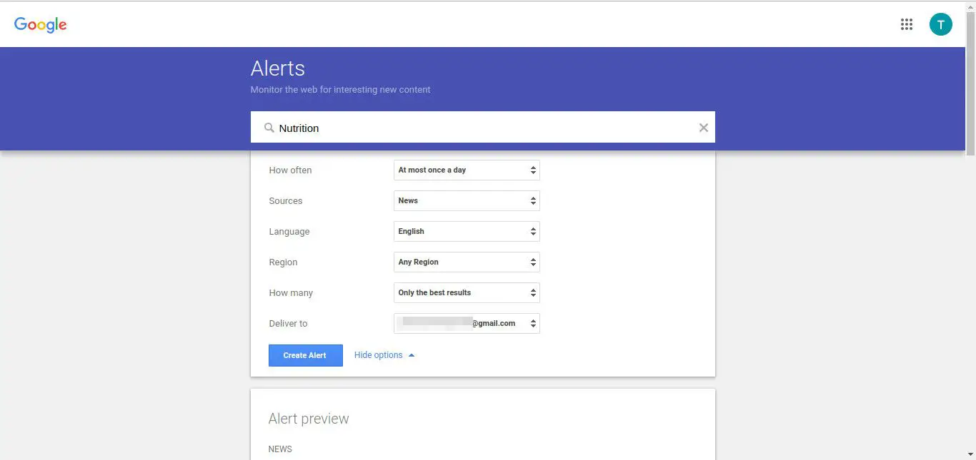 Captura de tela do alerta de criação do Google