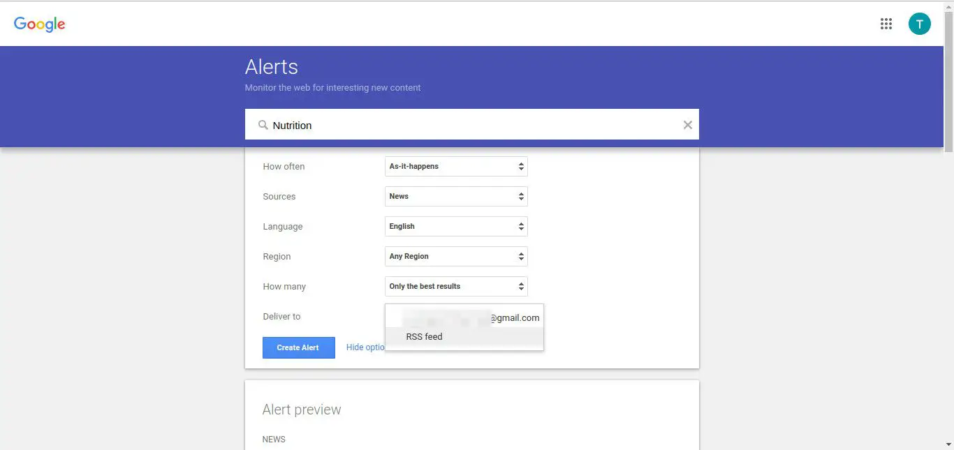 Google entrega alerta para captura de tela RSS