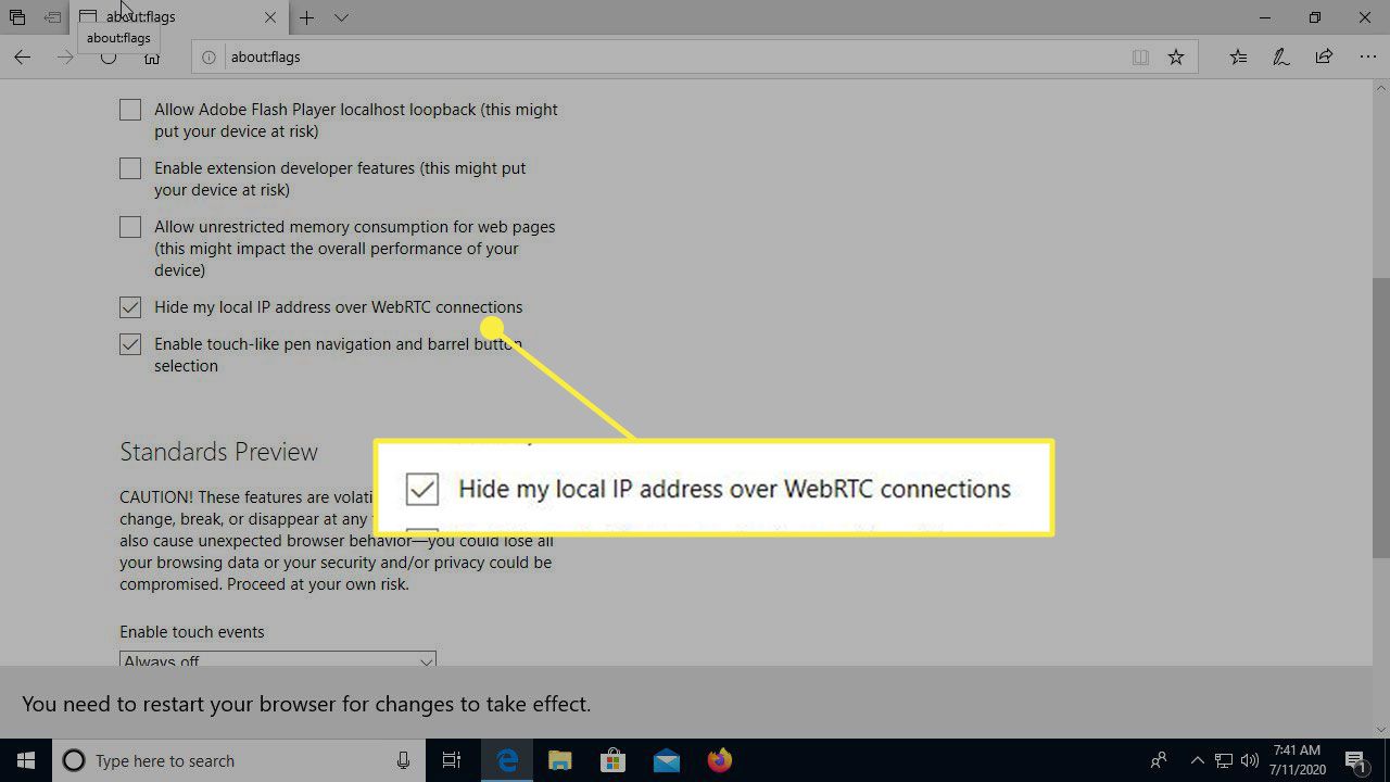 A opção "Ocultar meu endereço IP local em conexões WebRTC"