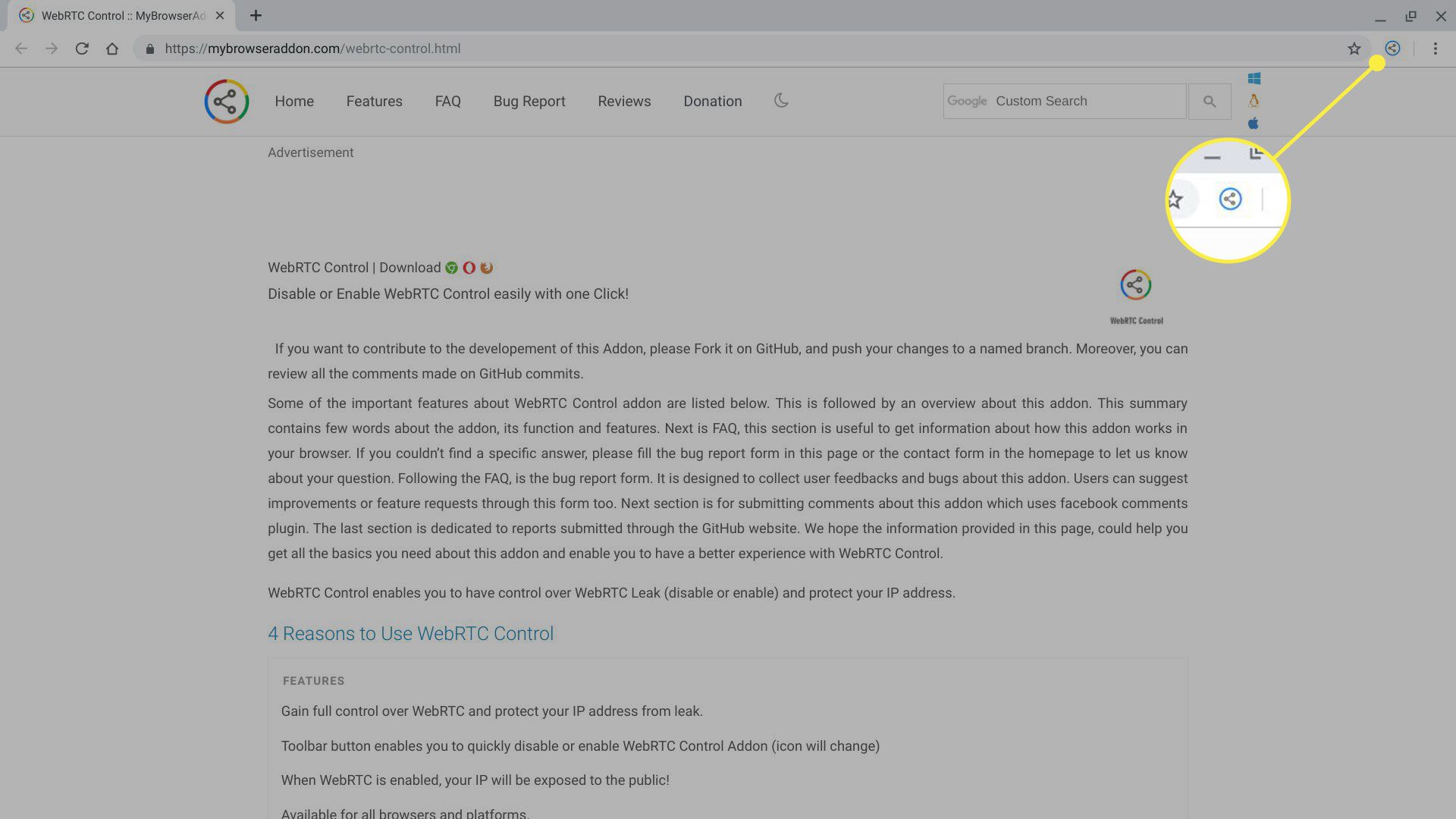 O ícone de controle WebRTC em um navegador
