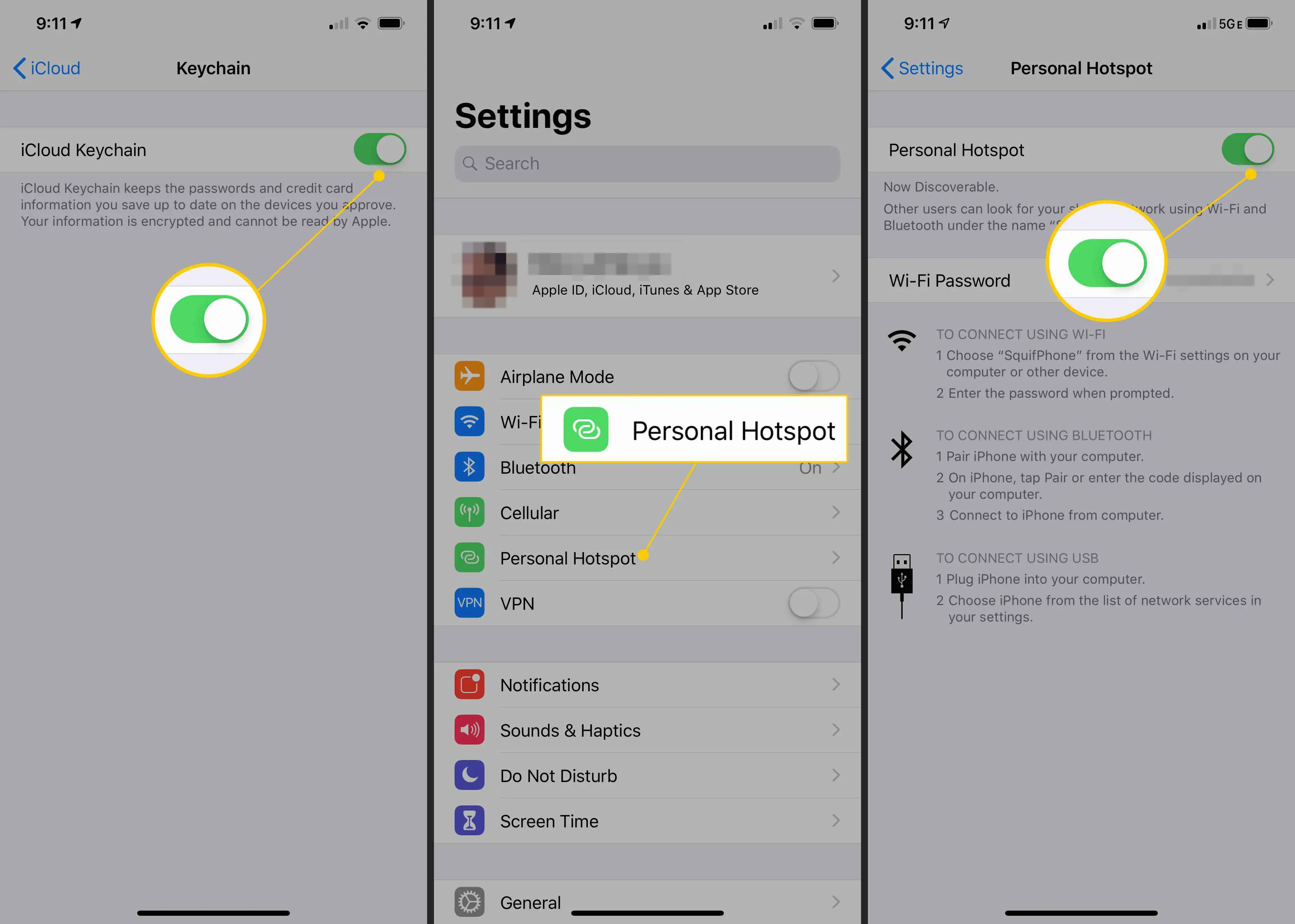 Chaveiro do iCloud, ponto de acesso pessoal, alterne para LIGADO nas configurações do iOS