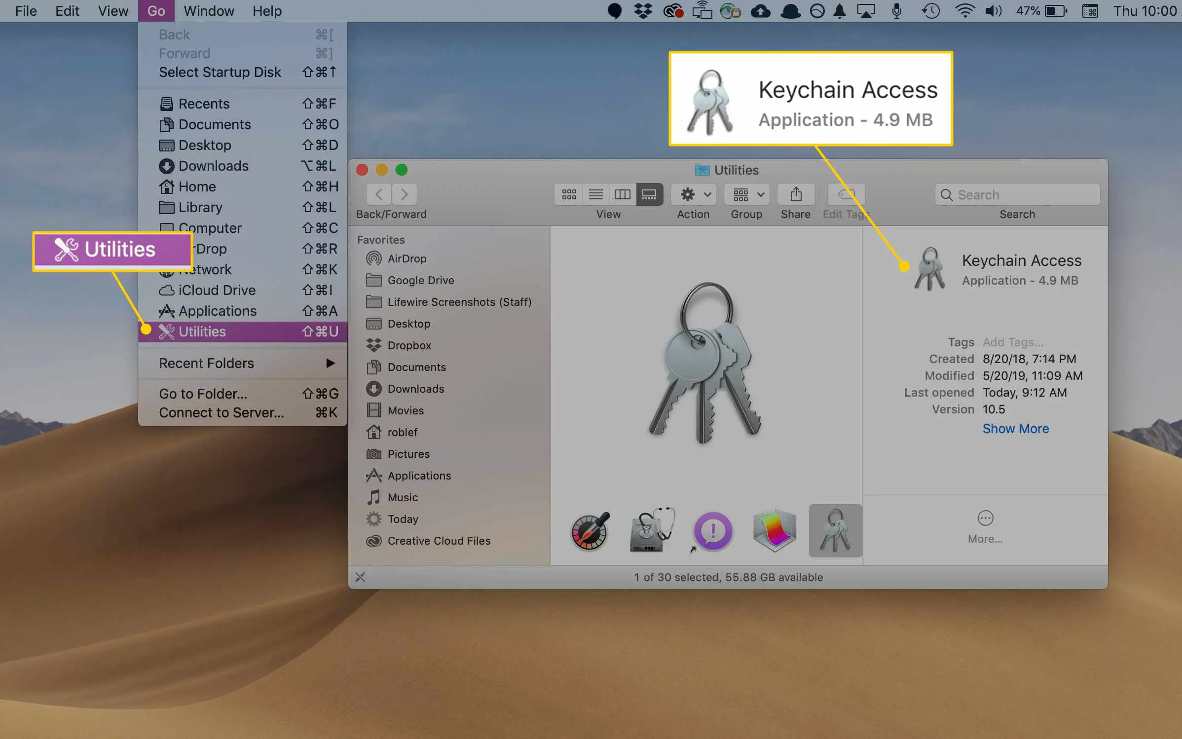 Menu de utilitários e aplicativo Keychain Access no macOS