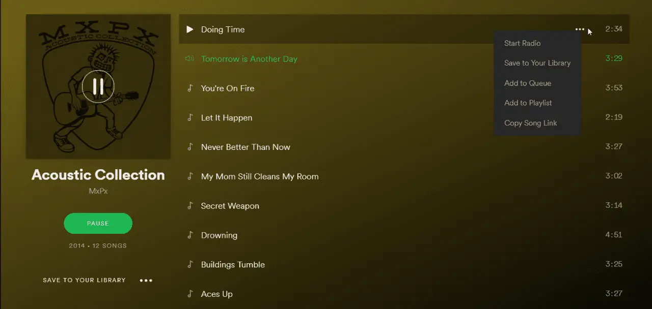 Captura de tela de como ouvir música no Spotify Web Player.