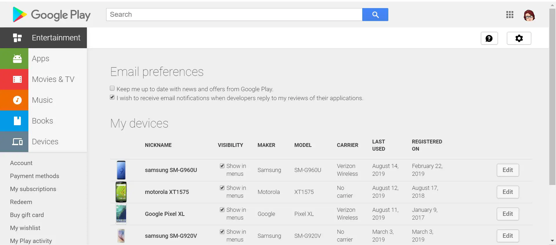Configurações de visibilidade do dispositivo da Google Play Store.