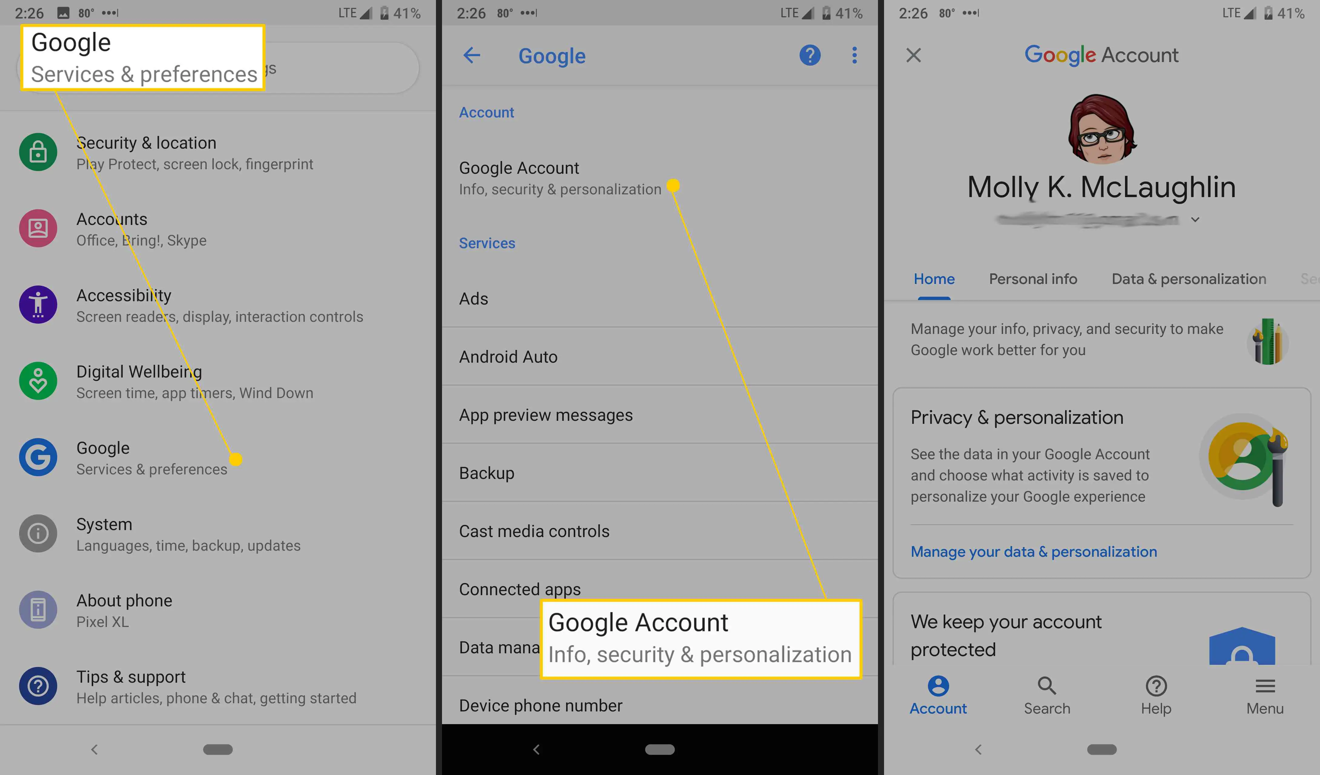 Configurações da conta do Google do Android.
