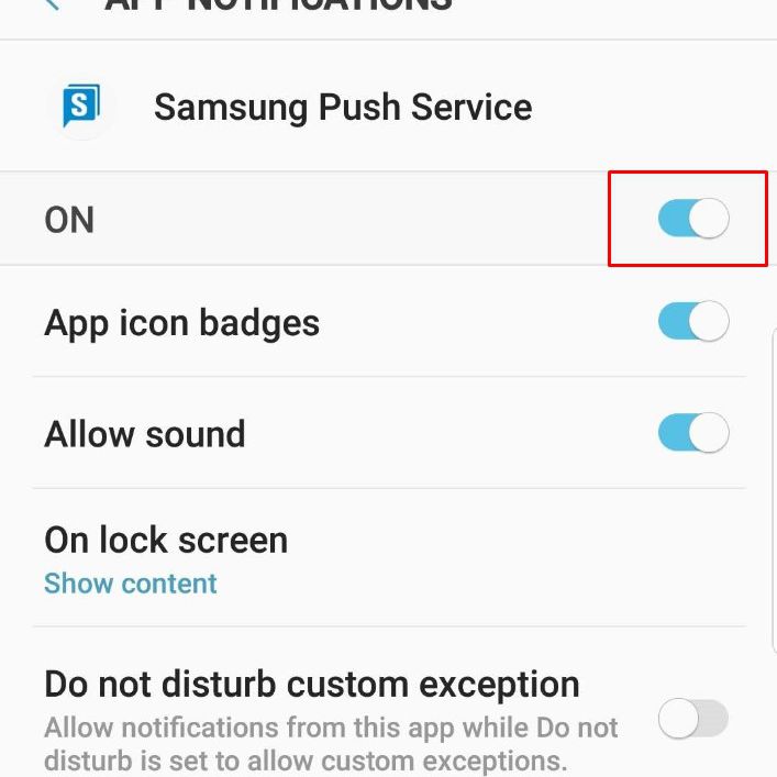 Notificações de aplicativos nas configurações do aplicativo Samsung Push Service