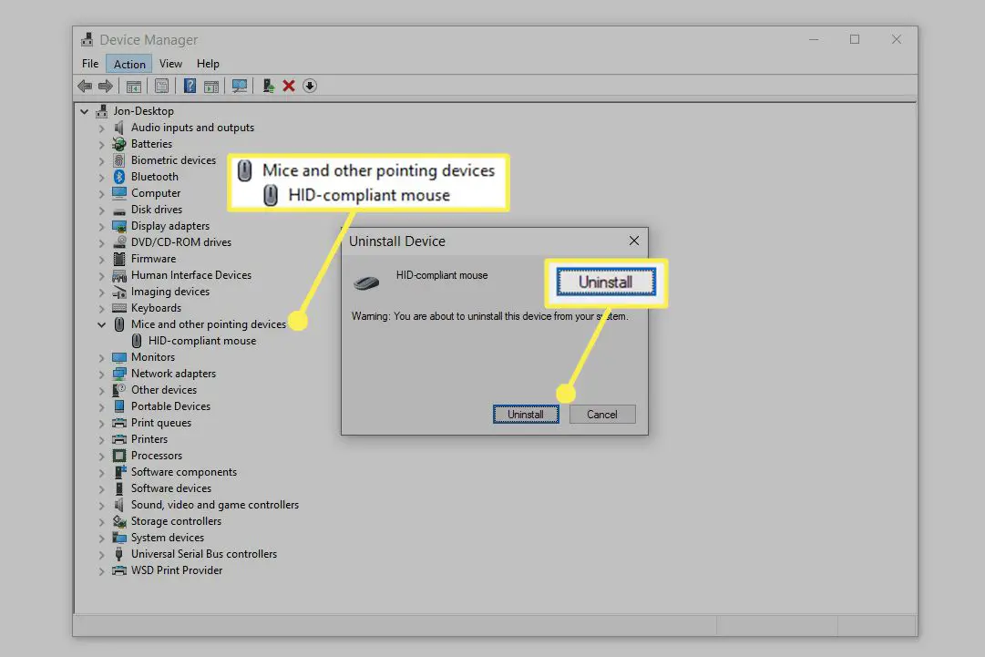 Desinstalar prompt de dispositivo para um mouse no Gerenciador de dispositivos