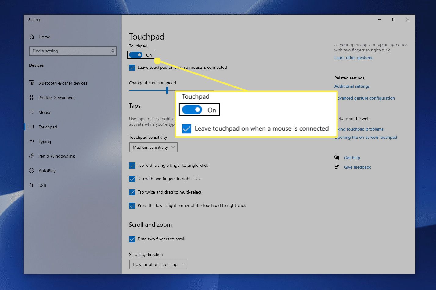 Botão do touchpad habilitado nas configurações do Windows 10