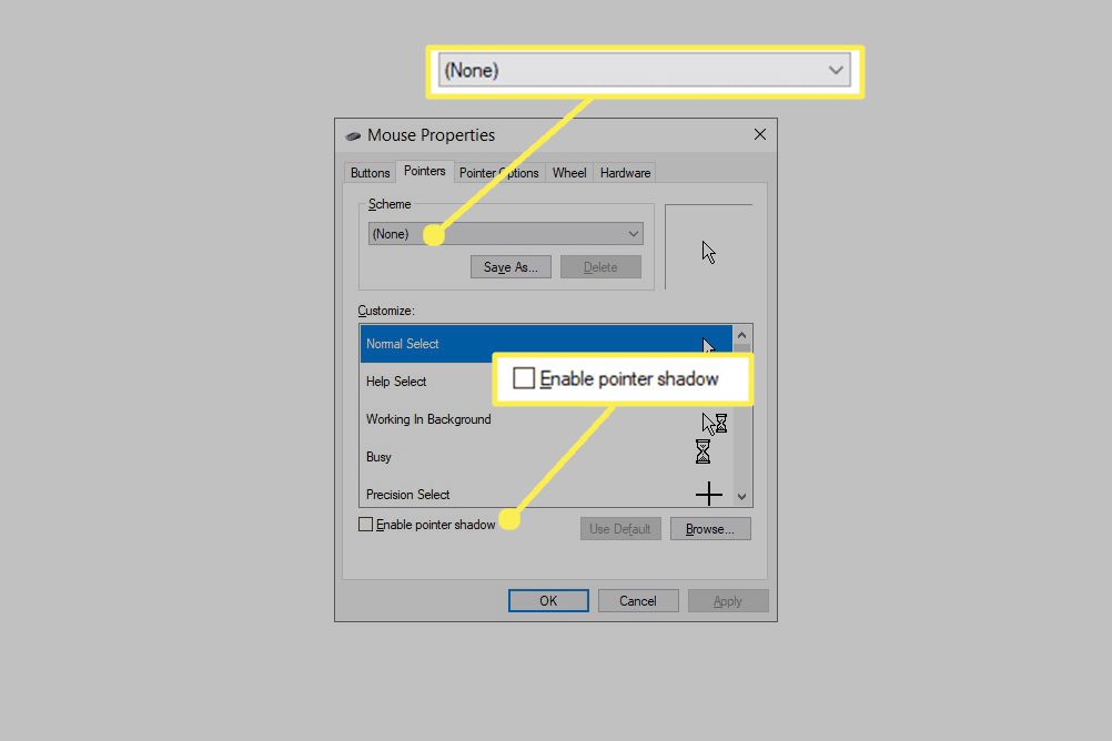 Propriedades do mouse com esquema definido como Nenhum e Ativar sombra do ponteiro desmarcada