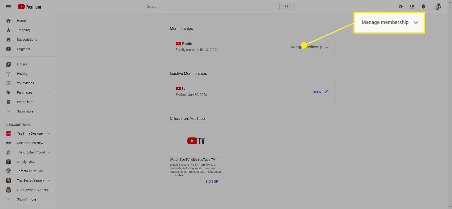 Onde gerenciar assinaturas no YouTube Premium.