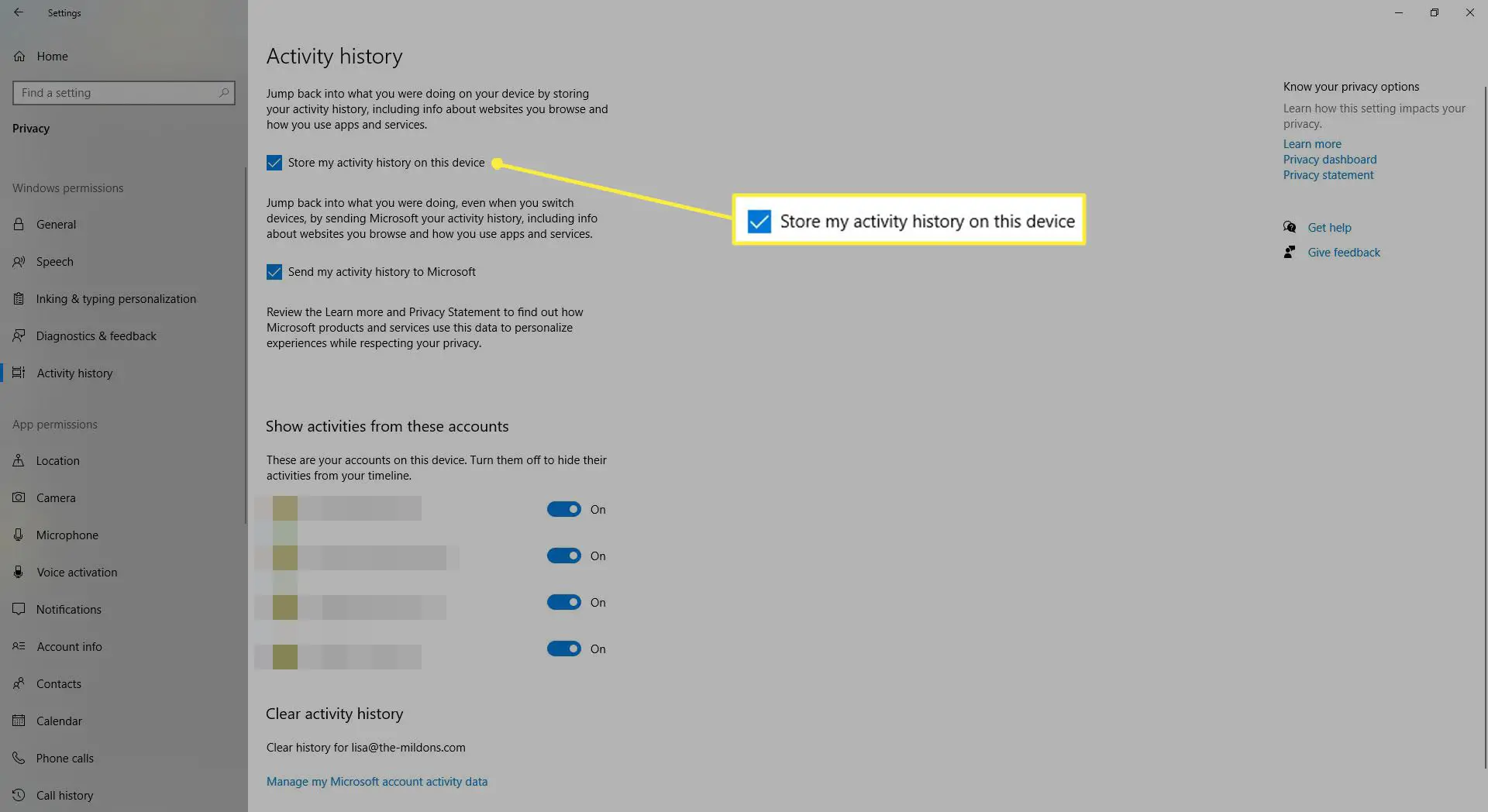 Opções do histórico de atividades no menu de configurações de privacidade do Windows 10.
