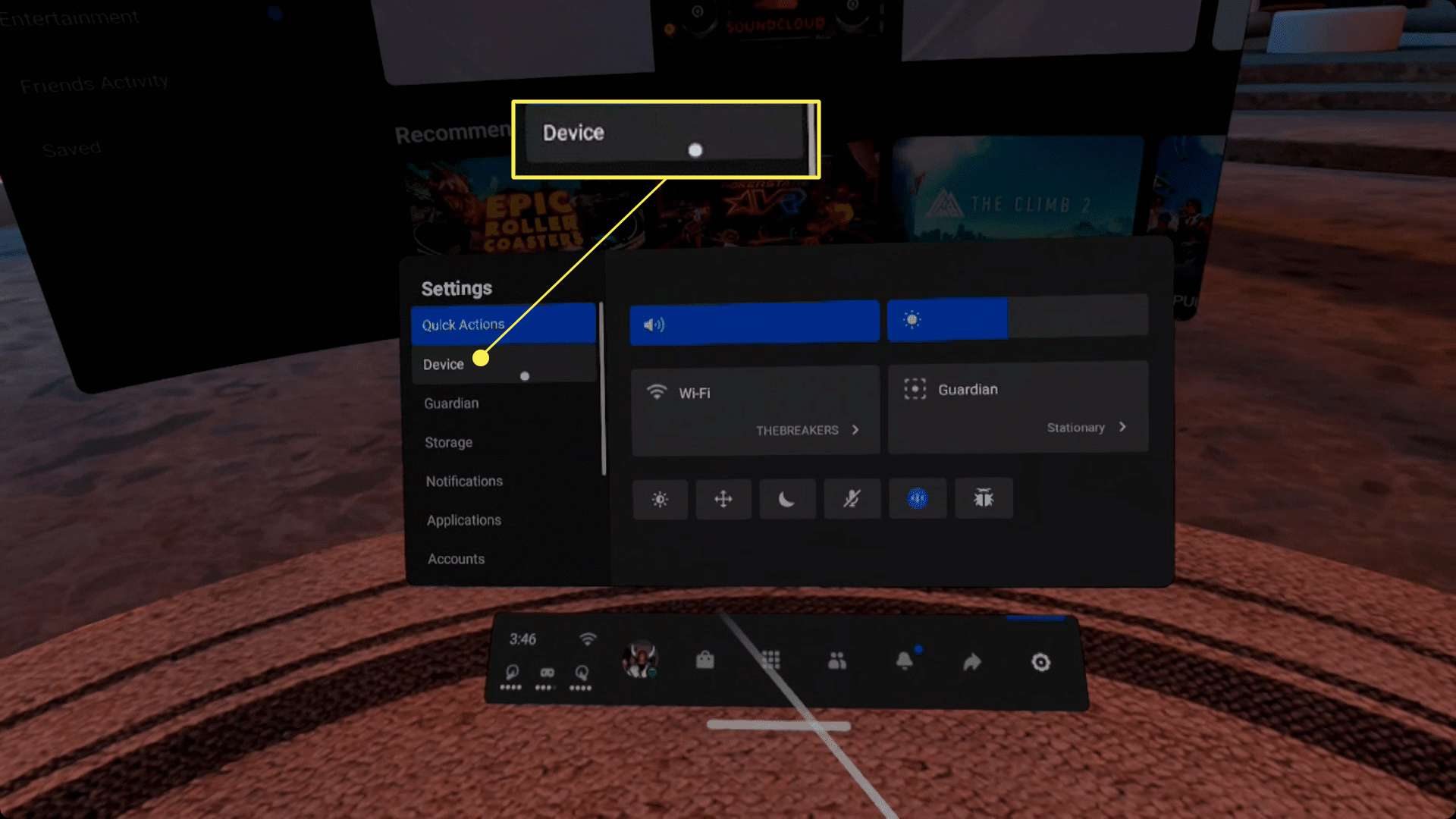 Selecionando Dispositivo no menu de configurações Oculus.