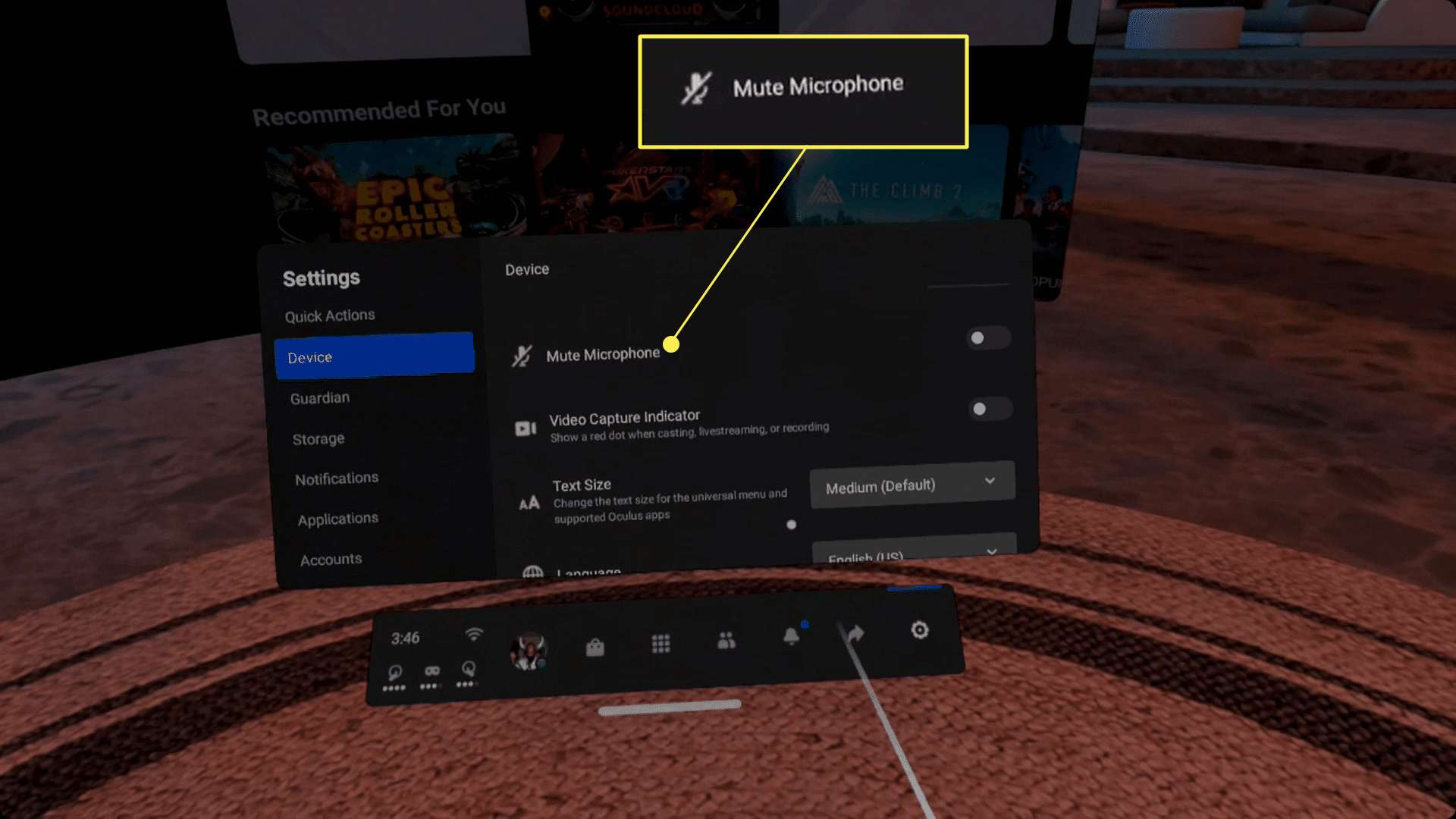 Silencie o microfone no menu Oculus Quest.