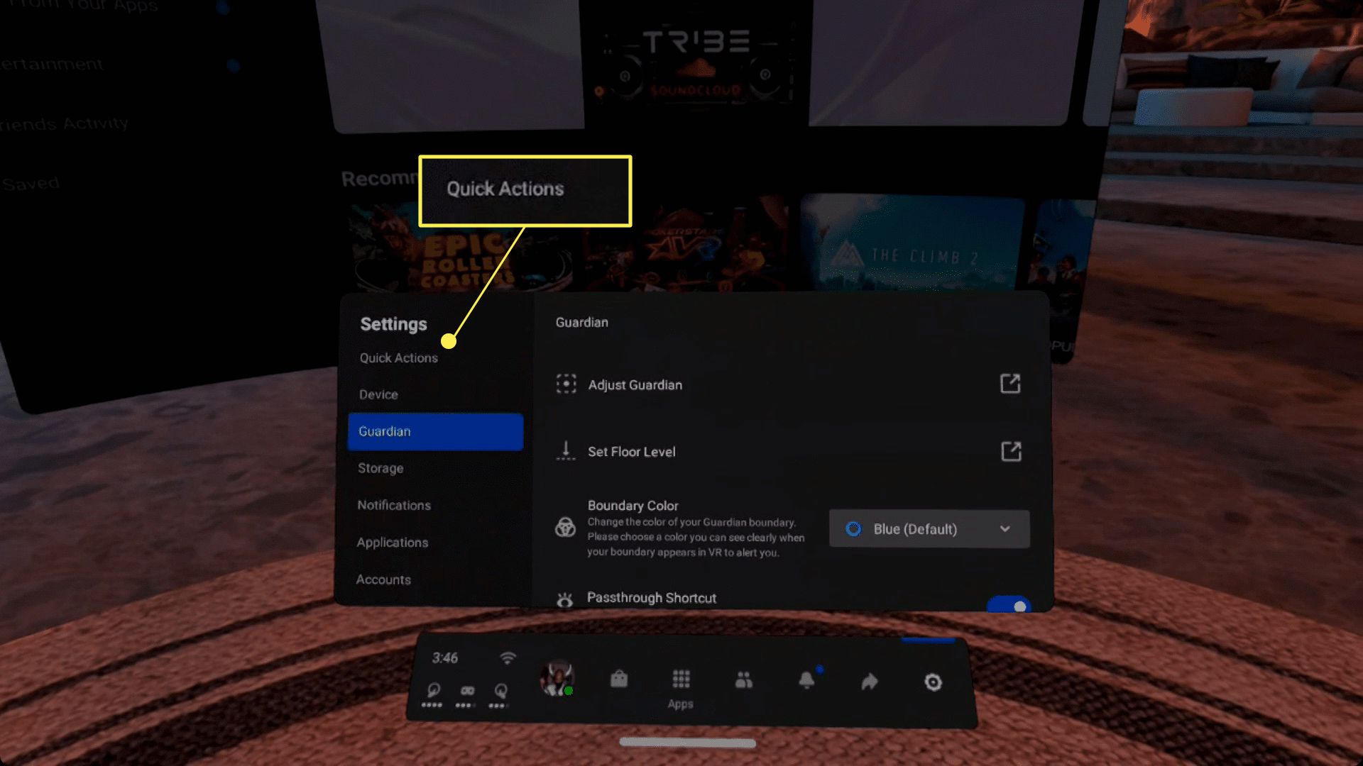 O menu de configurações do Oculus Quest com Ações rápidas destacadas