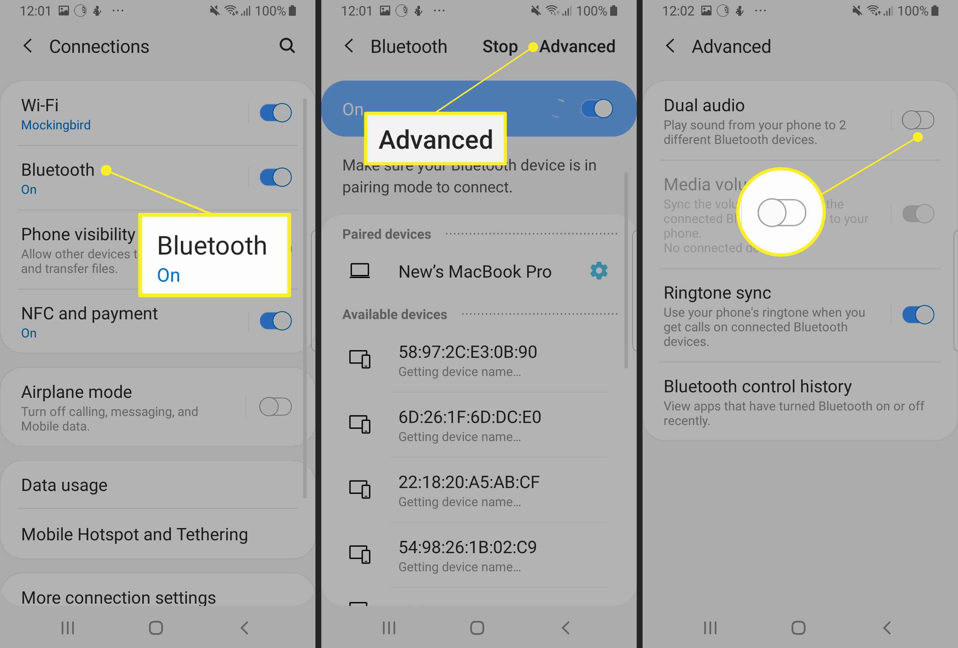 Bluetooth, Avançado, Alternar áudio duplo em Configurações Samsung> Conexões” class=”lazyload”      id=”mntl-sc-block-image_1-0-60″ ></p>
</li>
<li>
<p>Para usar o Dual Audio, emparelhe o telefone com dois alto-falantes, dois fones de ouvido ou um de cada, e o áudio será transmitido para ambos.</p>
</li>
<li>
<p>Se você adicionar um terceiro, o primeiro dispositivo emparelhado será inicializado.</p>
</li>
</ol>
<p>Se você conectar seu Samsung com dois conjuntos de fones de ouvido, apenas o primeiro dispositivo conectado poderá gerenciar a reprodução usando os controles de mídia nos fones de ouvido.  Você também pode encontrar alto-falantes Bluetooth fora de sincronia, portanto, esse recurso é melhor para alto-falantes localizados em salas separadas.</p>
<p><span></span> </p>
<h2> <span>  Use par estéreo HomePod </span> </h2>
<p>A Apple tem um recurso semelhante ao Dual Audio da Samsung, chamado HomePod Stereo Pair, que permite aos usuários emparelhar um iPhone ou Mac com dois alto-falantes HomePod.  O par estéreo HomePod requer um iPhone com pelo menos iOS 11.4 ou um Mac com macOS Mojave ou posterior.  Você também precisará de alto-falantes HomePod com iOS 11.4 ou posterior.  Ao configurar um HomePod na mesma sala que outro, você terá a opção de usar os alto-falantes como um par estéreo.  Você também pode usar o aplicativo Home para configurar esse recurso em um iPhone, iPad, iPod touch ou Mac.  Em qualquer um dos casos, os dois HomePods devem estar na mesma sala para os emparelhar.</p>
<ol>
<li>
<p>Abra o app Home, clique duas vezes ou mantenha pressionado <strong>HomePod</strong>e clique ou toque em <strong>Definições</strong>.</p>
</li>
<li>
<p>Clique ou toque <strong>Criar par estéreo</strong>.</p>
</li>
<li>
<p>Selecione uma <strong>segundo HomePod</strong>.</p>
</li>
<li>
<p>Você verá dois ícones HomePod no aplicativo.  Toque ou clique em um HomePod para mapeá-lo para o canal correto (direito e esquerdo).</p>
</li>
<li>
<p>Clique ou toque <strong>Voltar</strong>, então <strong>Feito</strong>.</p>
</li>
</ol>
<p>Precisa de mais alto-falantes para conectar e tornar sua casa uma meca da música?  Esta lista pode ajudar.</p>
<h3> <span>  perguntas frequentes </span> </h3>
<ul>
<li><strong>Posso conectar os alto-falantes Bluetooth do meu iPhone que não sejam HomePods? </strong>Há uma variedade de aplicativos na App Store que afirmam conectar iPhones a vários dispositivos Bluetooth;  leia as avaliações e escolha um produto de qualidade que funcione para você.  Outra opção é usar alto-falantes habilitados para AirPlay.<strong> </strong></li>
<li><strong>Como faço para conectar o Google Home aos alto-falantes Bluetooth? </strong>Você usará o app Google Home para conectar o Google Home aos alto-falantes Bluetooth.  Selecione o seu dispositivo> <strong>Definições</strong> > <strong>Alto-falante de música padrão</strong>.  Emparelhe seu alto-falante Bluetooth e siga as instruções.</li>
<li><strong>Como posso melhorar o som de vários alto-falantes conectados?</strong> Para tornar o som do Bluetooth proveniente de vários alto-falantes mais alto e claro, considere aplicativos de amplificação de software e aplicativos de reforço de alto-falante.  Além disso, tente mover os alto-falantes conectados para longe de obstruções na sala.</li>
</ul>
</p>		<div class=