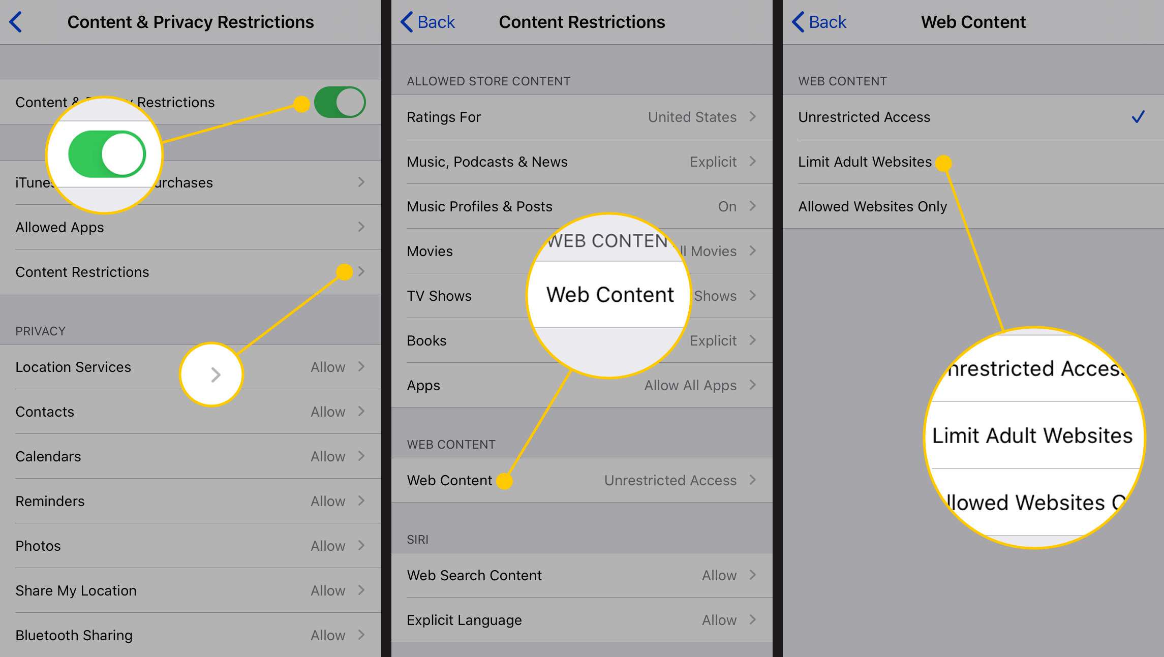 Opções de restrições de conteúdo, conteúdo da web e limite de sites adultos nas configurações do iOS