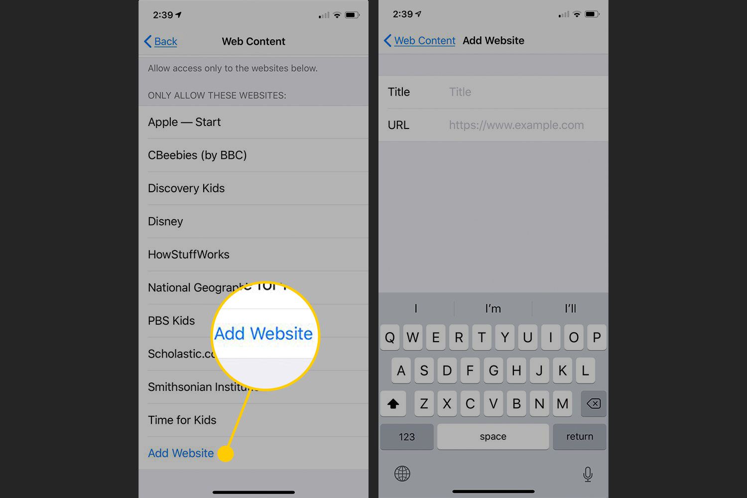 Menu de conteúdo da web nas configurações do iOS com o botão Adicionar site destacado