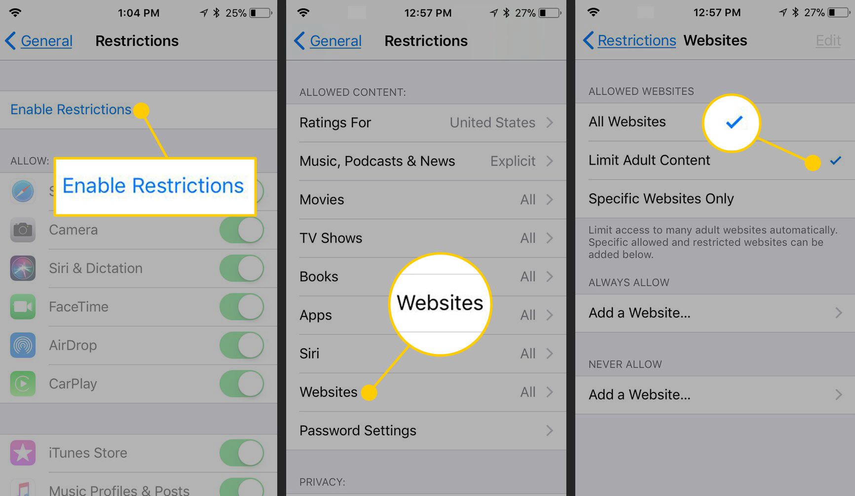 Ativar restrições para sites no iOS