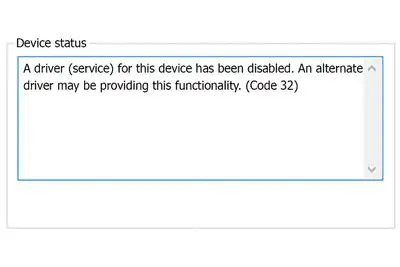 Captura de tela do erro do código 32 do gerenciador de dispositivos