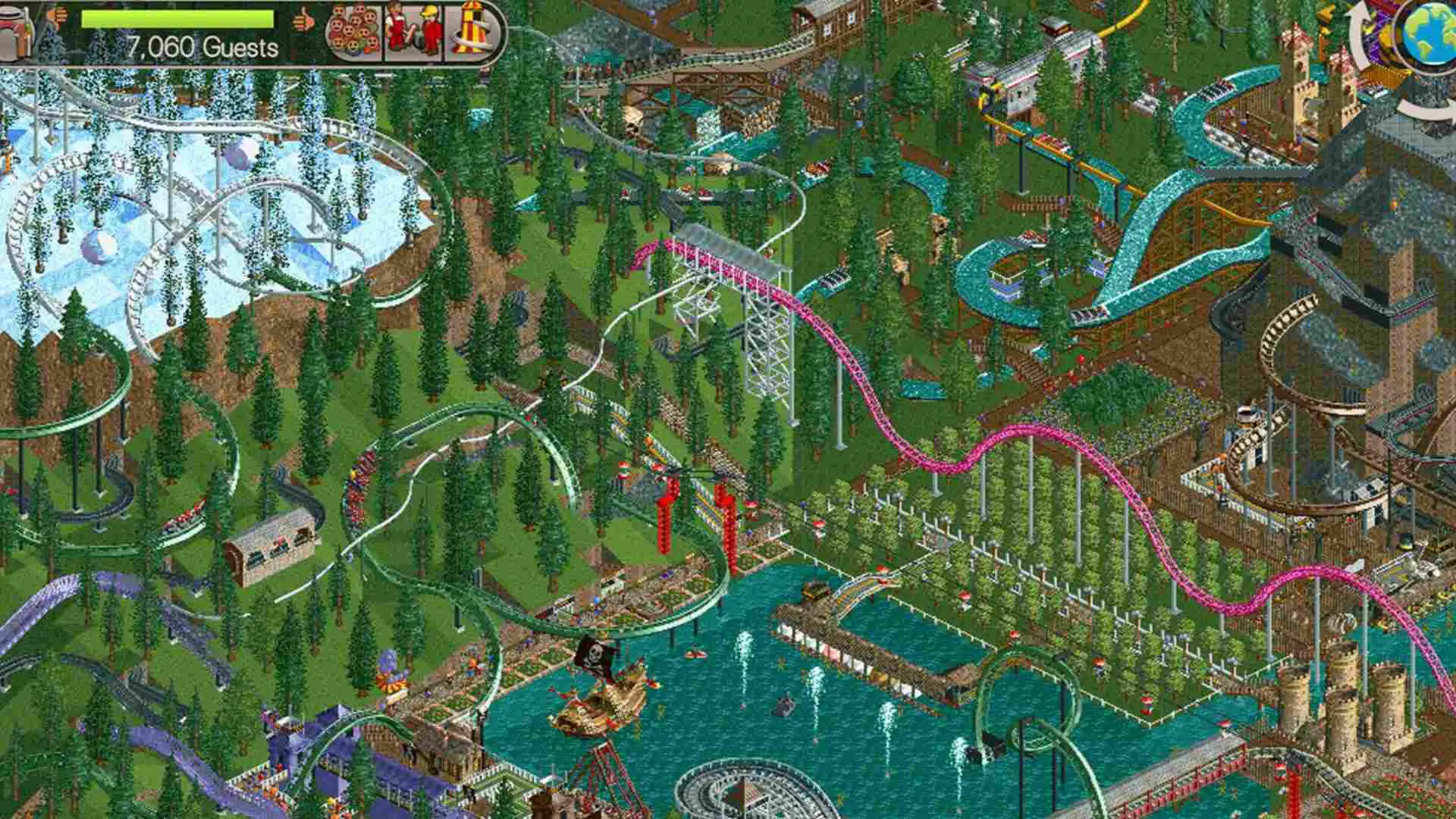 Rollercoaster Tycoon clássico jogo de construção offline no celular e PC.